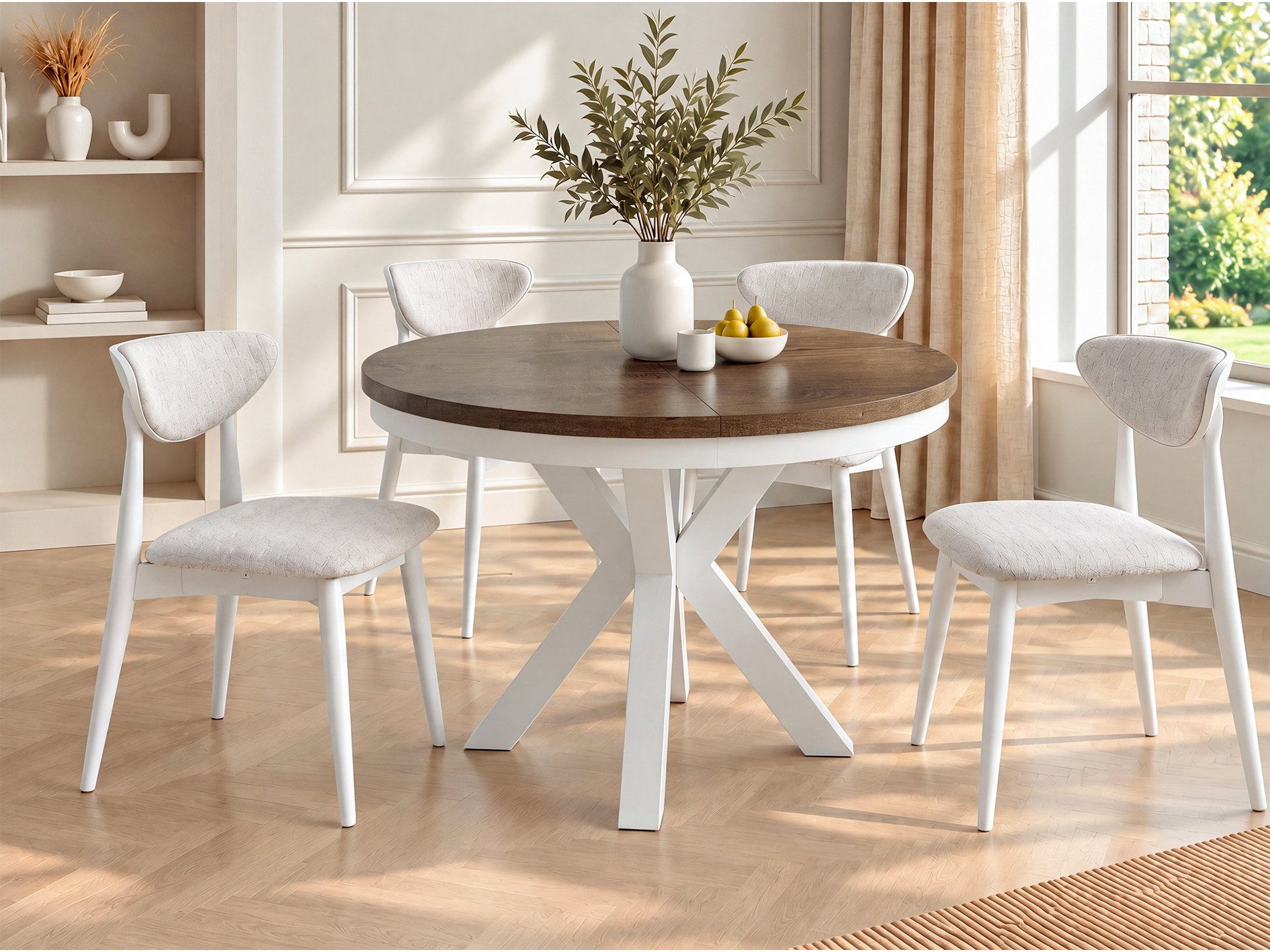WFL GROUP Esstisch Clara White im Loft-Stil rund ausziehbar mit weißen Metallbeinen (MADE IN EU, erhältlich in zwei Größen – 100/120 cm, ausziehbar auf 180/200 cm), platzsparender Industrial Tisch in Holzoptik für Wohnzimmer oder Küche