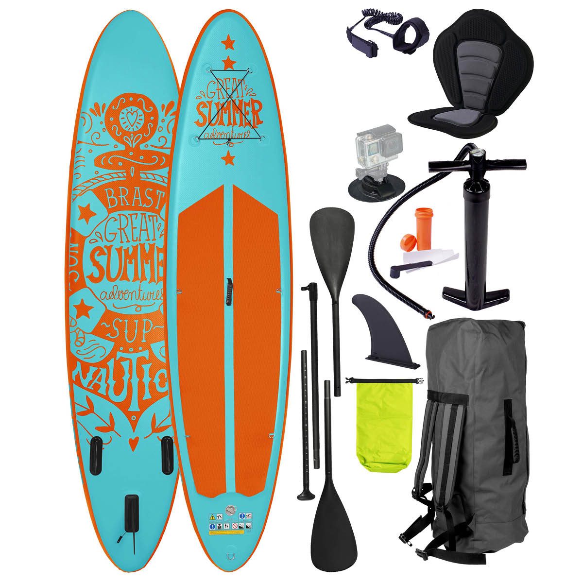 BRAST SUP-Board Summer Aufblasbares Stand up Paddle Set - 320x81x15cm, 5 Jahre Garantie inkl. Sonderzubehör, (2in1 Paddel Kajak-Sitz Action-Cam-Halterung), Fußschlaufe Paddel Pumpe Rucksack