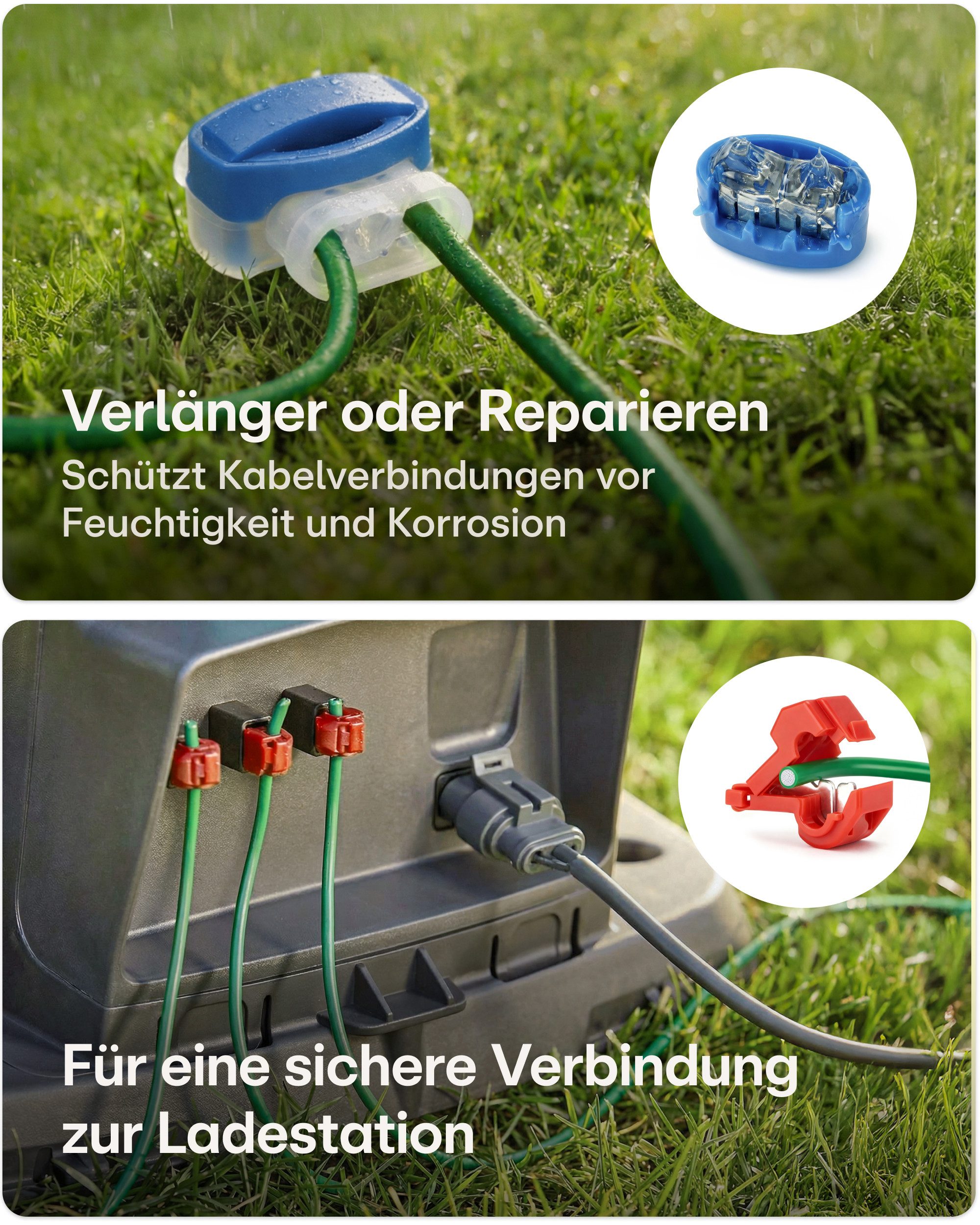 Praknu Rasenmähroboter Begrenzungskabel Mähroboter Set – Draht Erdnägel Verbinder Universal, (Komplettset, 150 m Draht, 150 Erdnägel, 10 blaue Gel- und 10 rote  – Bild 5 von 5