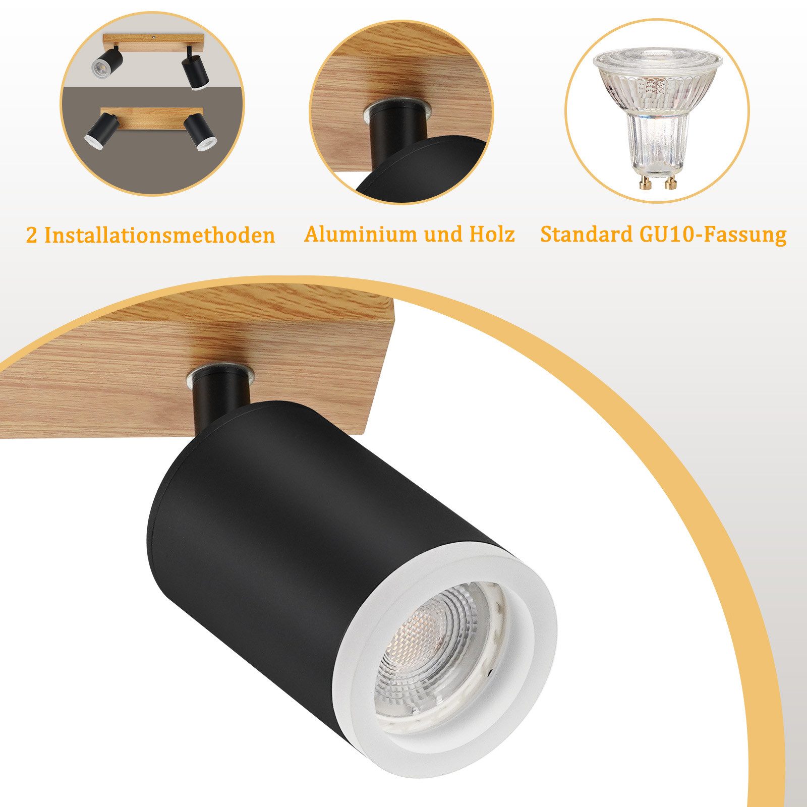 Nettlife Deckenstrahler Schwarz/Weiß GU10 Holz Vintage Deckenspots Küchenlampe, Schwenkbar, LED wechselbar, 350°Drehbar Flur Strahler Industrial für Wohnzimmer  – Bild 5 von 5
