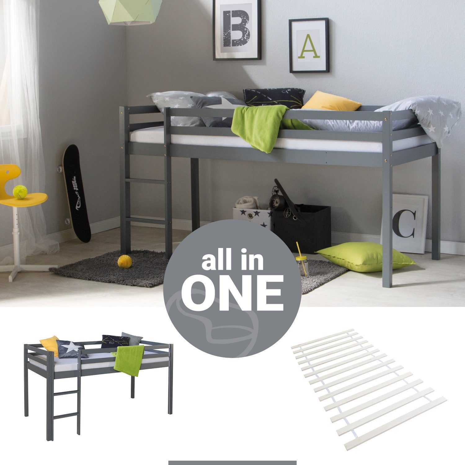 Homestyle4u Kinderbett 90x200 mit Lattenrost in Grau 2256 günstig online kaufen