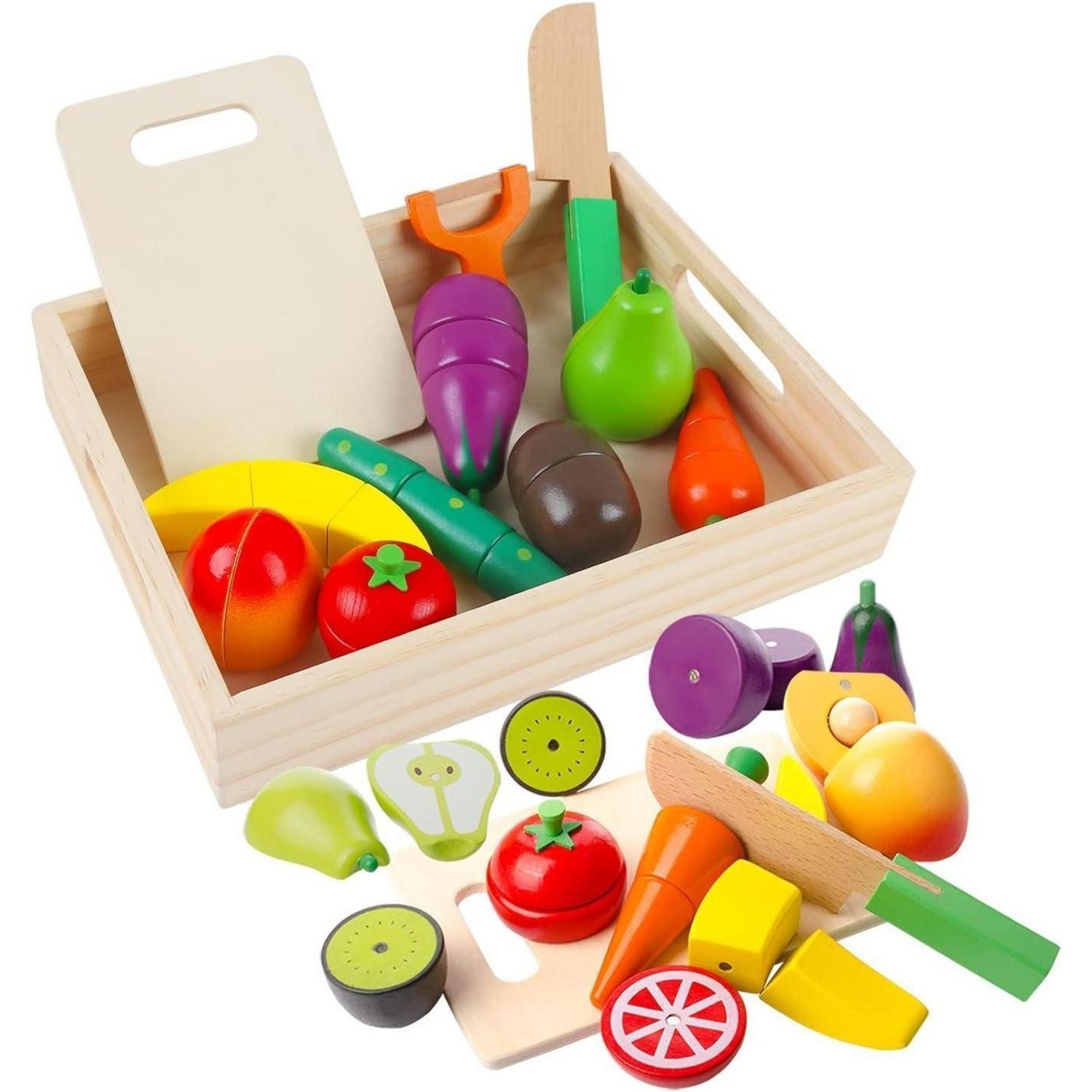 LuxusKollektion Küchenorganizer-Set Holz Kinder Spielzeug Obst Gemüse Schneiden 