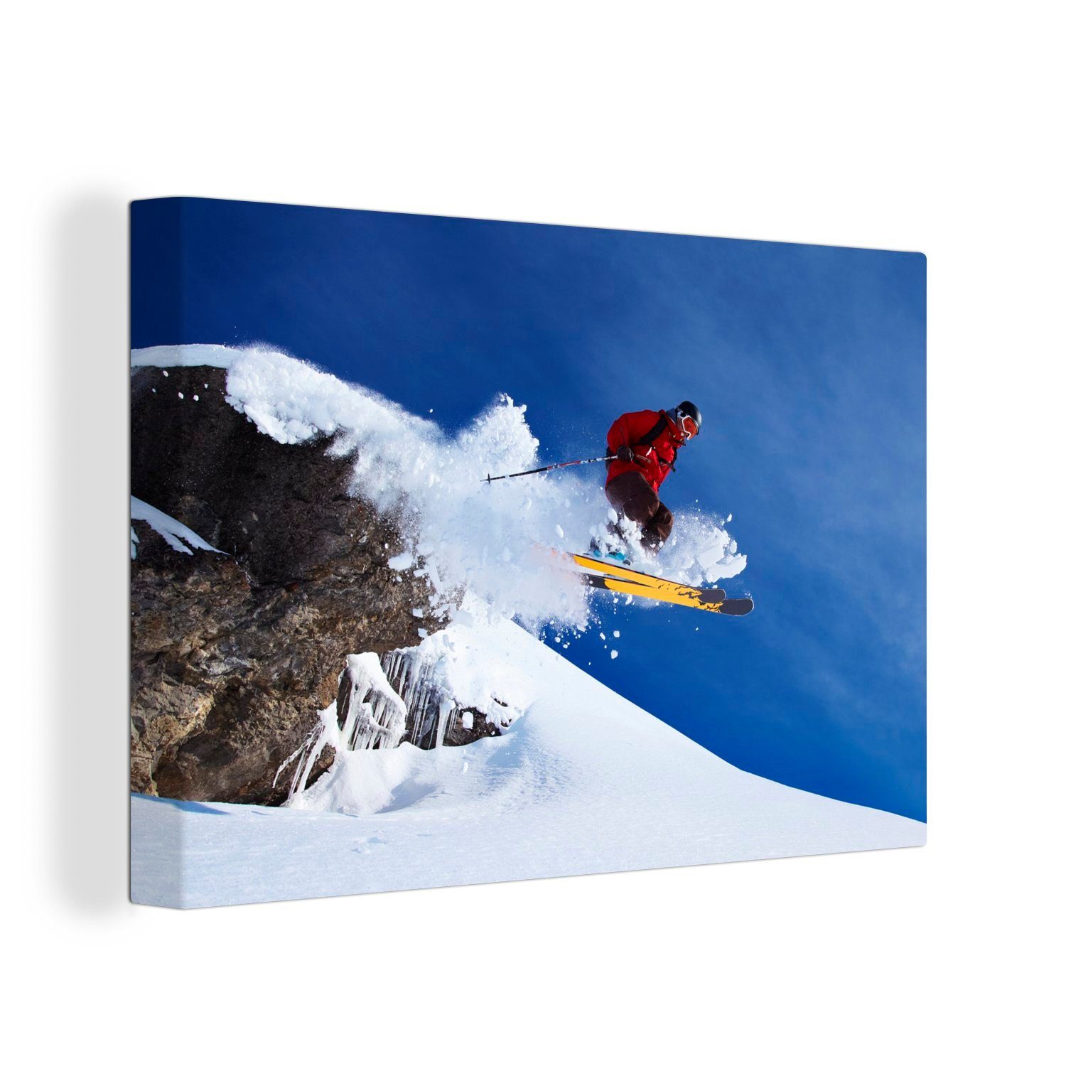 30x20 Sprung der Schweiz, St), in bei Skifahrer Wanddeko, cm Aufhängefertig, OneMillionCanvasses® (1 einem Wandbild Leinwandbilder, Leinwandbild