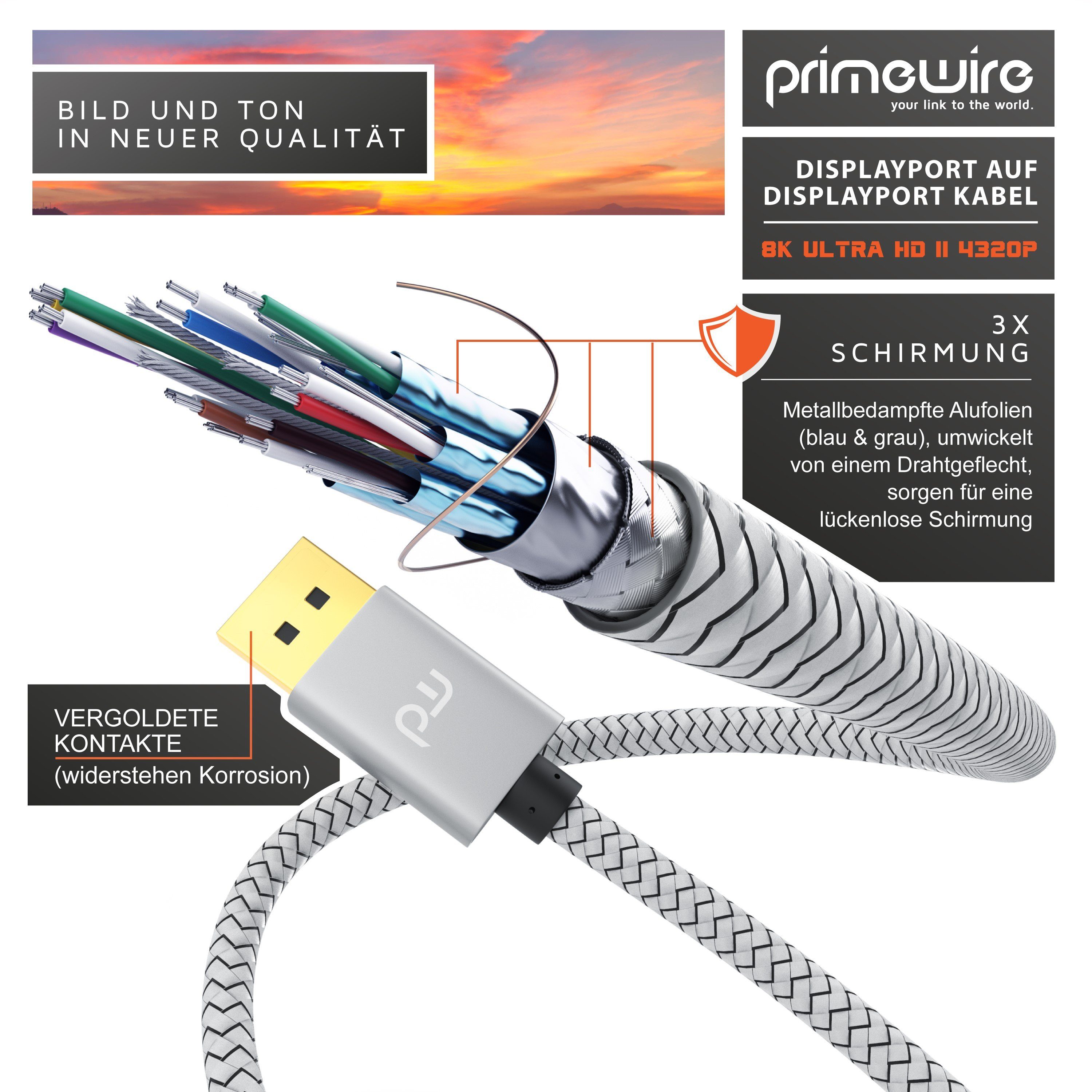 Primewire Audio- & Video-Kabel, DisplayPort, DP 1.4 (100 cm), 8K Premium DP 1.4 Kabel, 8K 7680x4320 @ 60Hz, 4k @ 120Hz mit DSC - 1m