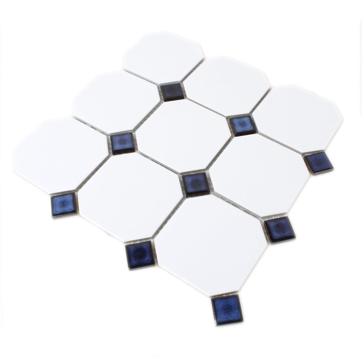 Mosafil Mosaikfliesen Keramik Mosaikfliesen Octagon Belami Weiß Blau, Keramik 30.000x30.000, weiß-blau, Verlegefertig auf ein Netz geklebt - Frostsicher - Wasserfest