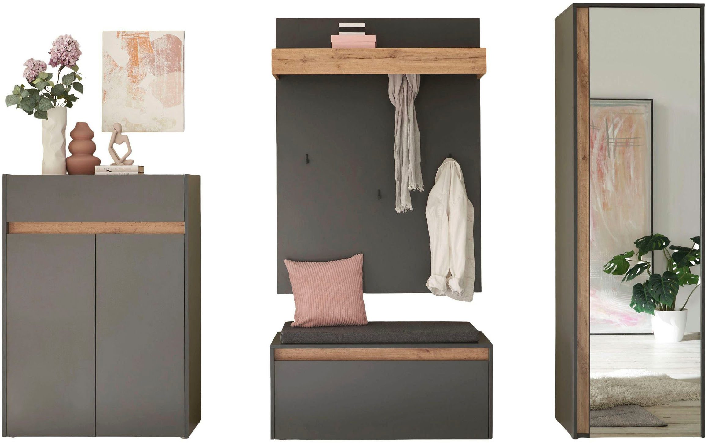 Home affaire Garderoben-Set City/Giron, moderne Garderobe, viel Stauraum, ca. 24 Schuhe, (Set, 4-St), enthält Schrank, Paneel, Schuhschrank & Garderobenbank mit Sitzkissen