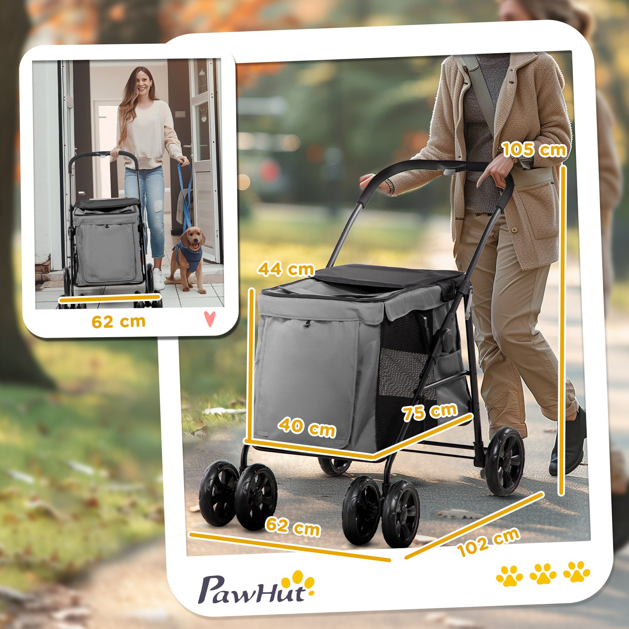 PawHut Hundebuggy Hundewagen, Katzenbuggy, mit Seitentaschen, Netzfenster, (Hundetrolley, 1-tlg), für kleine und mittelgroße Hunde bis 20 kg, Oxford-Gewebe, Gra – Bild 3 von 5