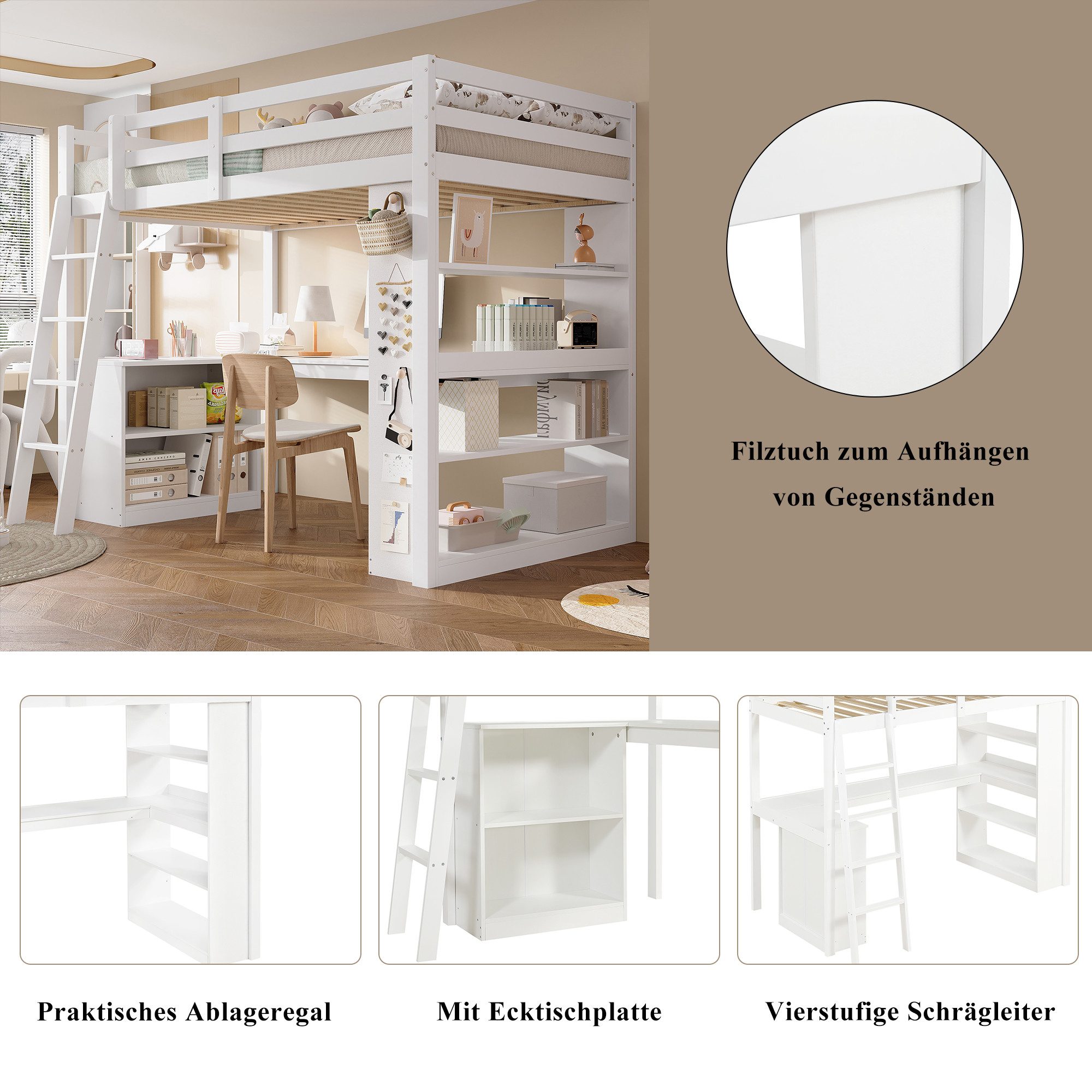 Flieks Hochbett Kinderbett 90x200cm mit Schreibtisch, Stauraumregal und Filzfläche