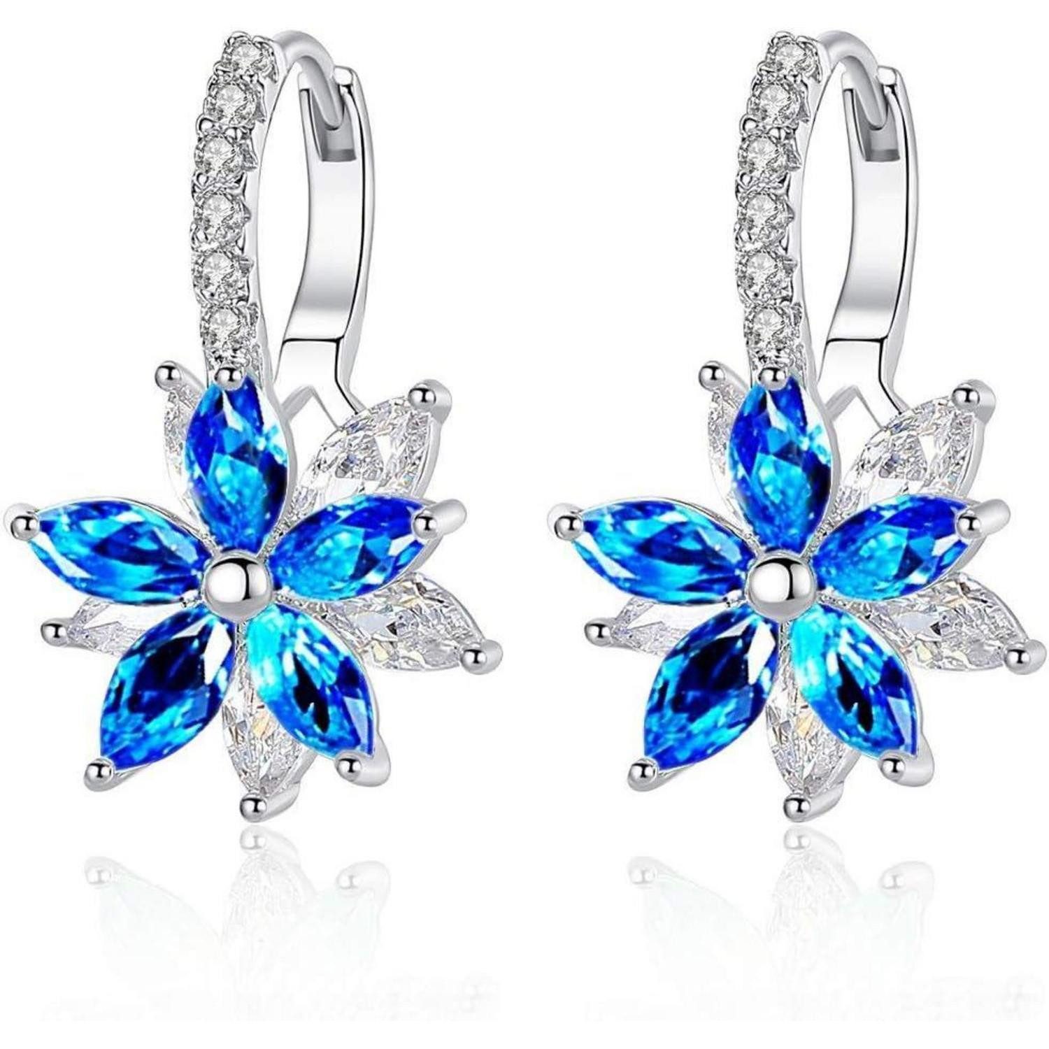LuxusKollektion Klappcreolen Creolen Damen Huggie Klein Silber Zirkonia Blumen Blau