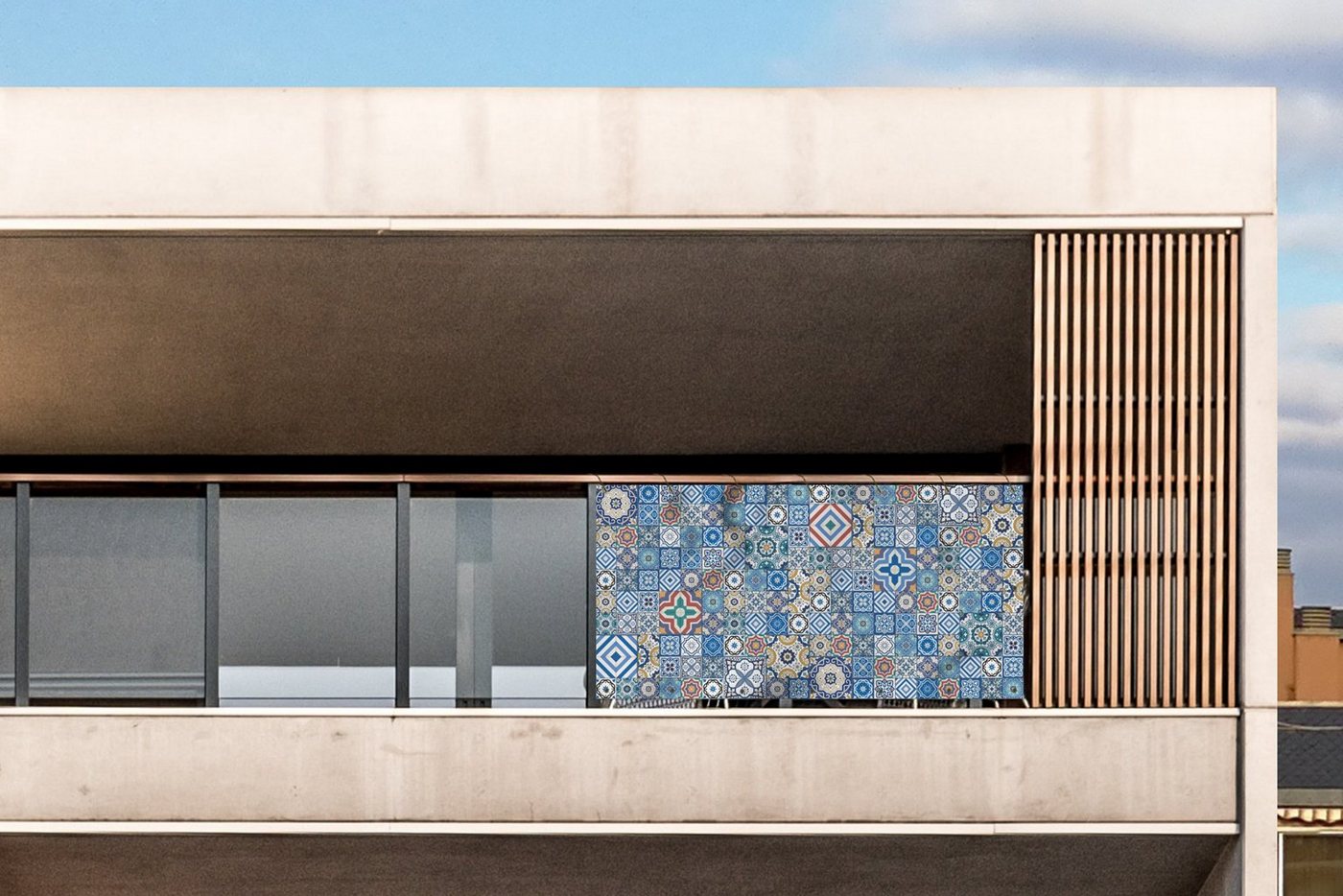 Thumbnail - MuchoWow Balkonsichtschutz Muster - Blau - Formen (1-St) Balkon Sichtschutz 90x200, Windschutz für Zaun PVC, 200x90 cm