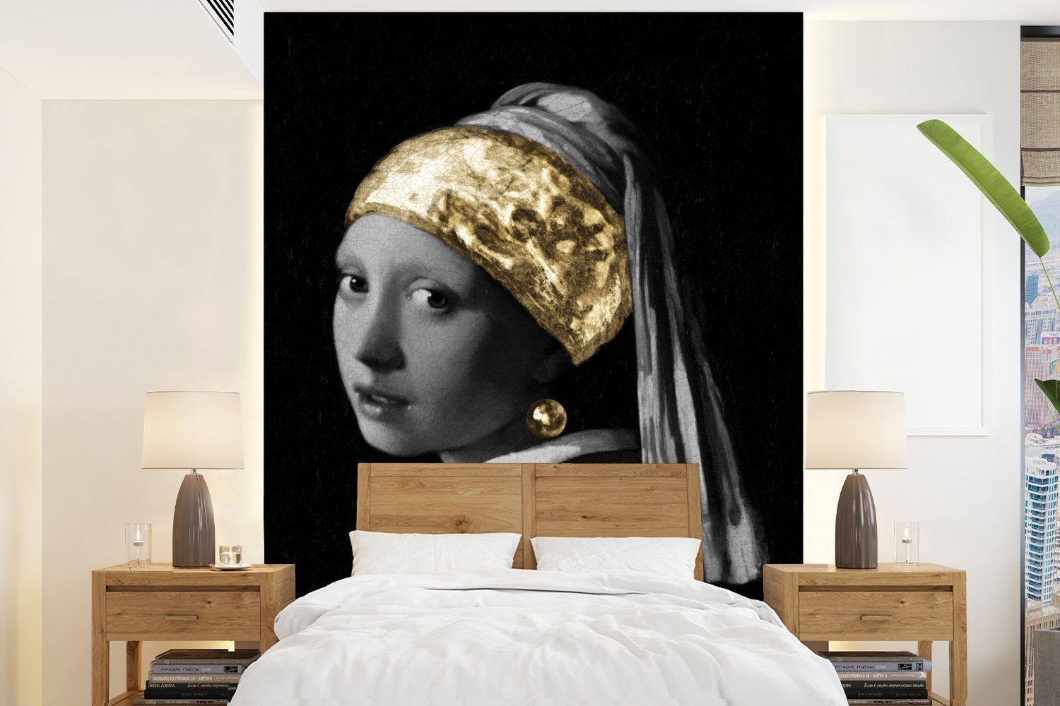 MuchoWow Fototapete Mädchen mit einem Perlenohrring - Vermeer - Gold, Matt, bedruckt, (4 St), Montagefertig Vinyl Tapete für Wohnzimmer, Wandtapete