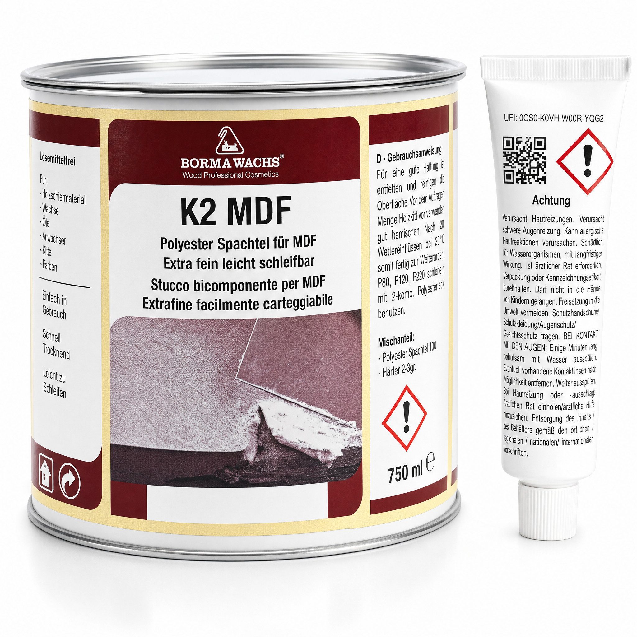 BORMA Spachtelmasse 2K Holzkitt 750 ml – Feiner Kitt für Holzreparatur, Schnelltrockned, 2K Holzmasse mit Härter