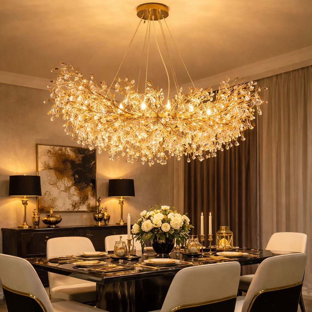 GLOBO LIGHTING Hängeleuchte, Leuchtmittel nicht inklusive, Kronleuchter Hängeleuchte Luster gold Glaskristalle amber L 100 cm