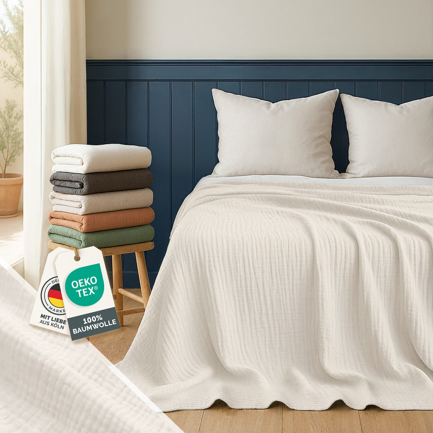 Blumtal Tagesdecke Tagesdecke Baumwolle - Musselin Decke Oeko-TEX zert. - Bettüberwurf, Couch Überwurf - leichte Kuscheldecke Baumwolle 100%