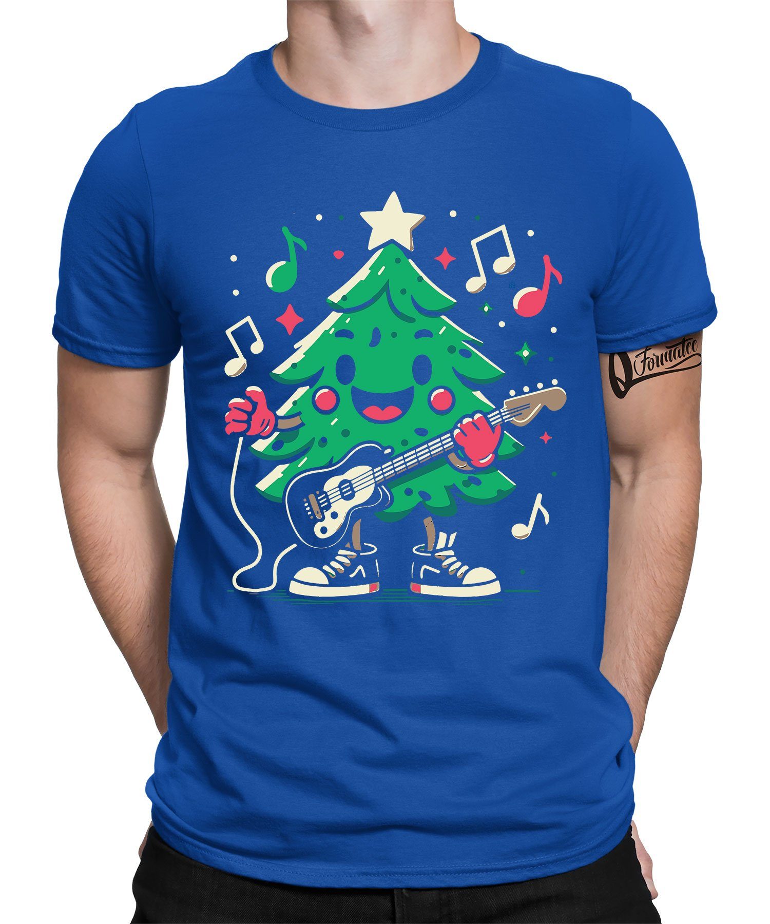 Weihnachten Formatee X-mas Blau Weihnachtsbaum E-Gitarre Weihnachtsgeschenk Herren (1-tlg) - Quattro Kurzarmshirt