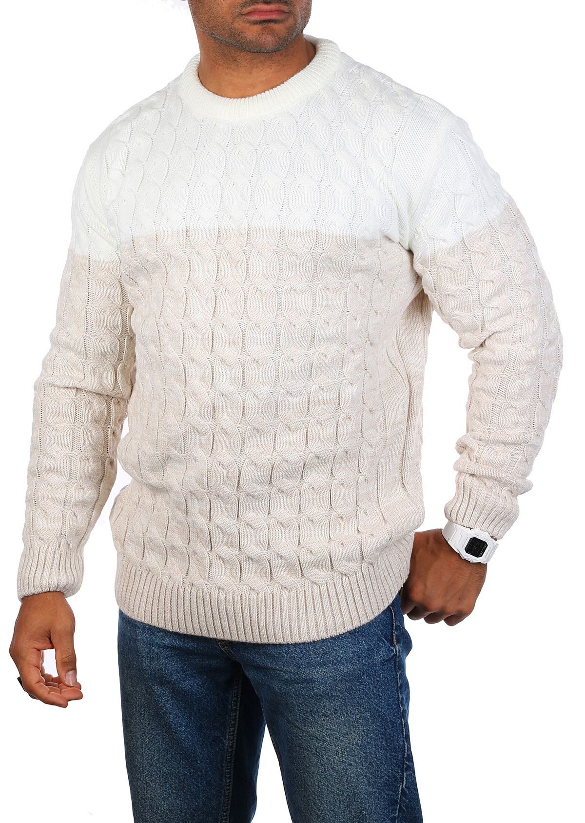 CARISMA Strickpullover Herren mit Zopf Cable Strickmuster Uni Rundhals retr günstig online kaufen