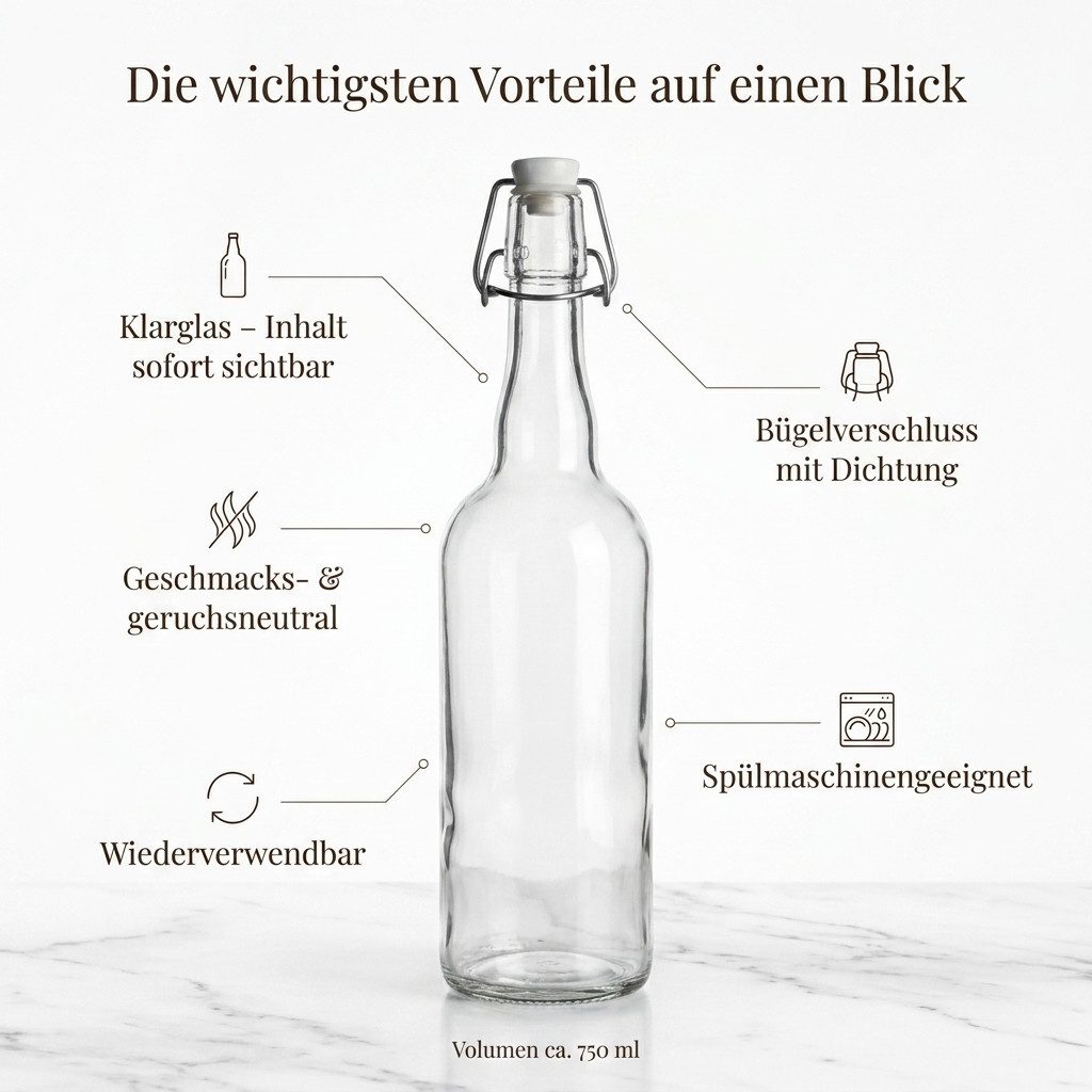 gouveo Trinkflasche Glasflaschen 750 ml Rondo mit Bügelverschluss - Bügel-Flasche, Drahtbügelverschluss, runde Flaschenform, aromadicht