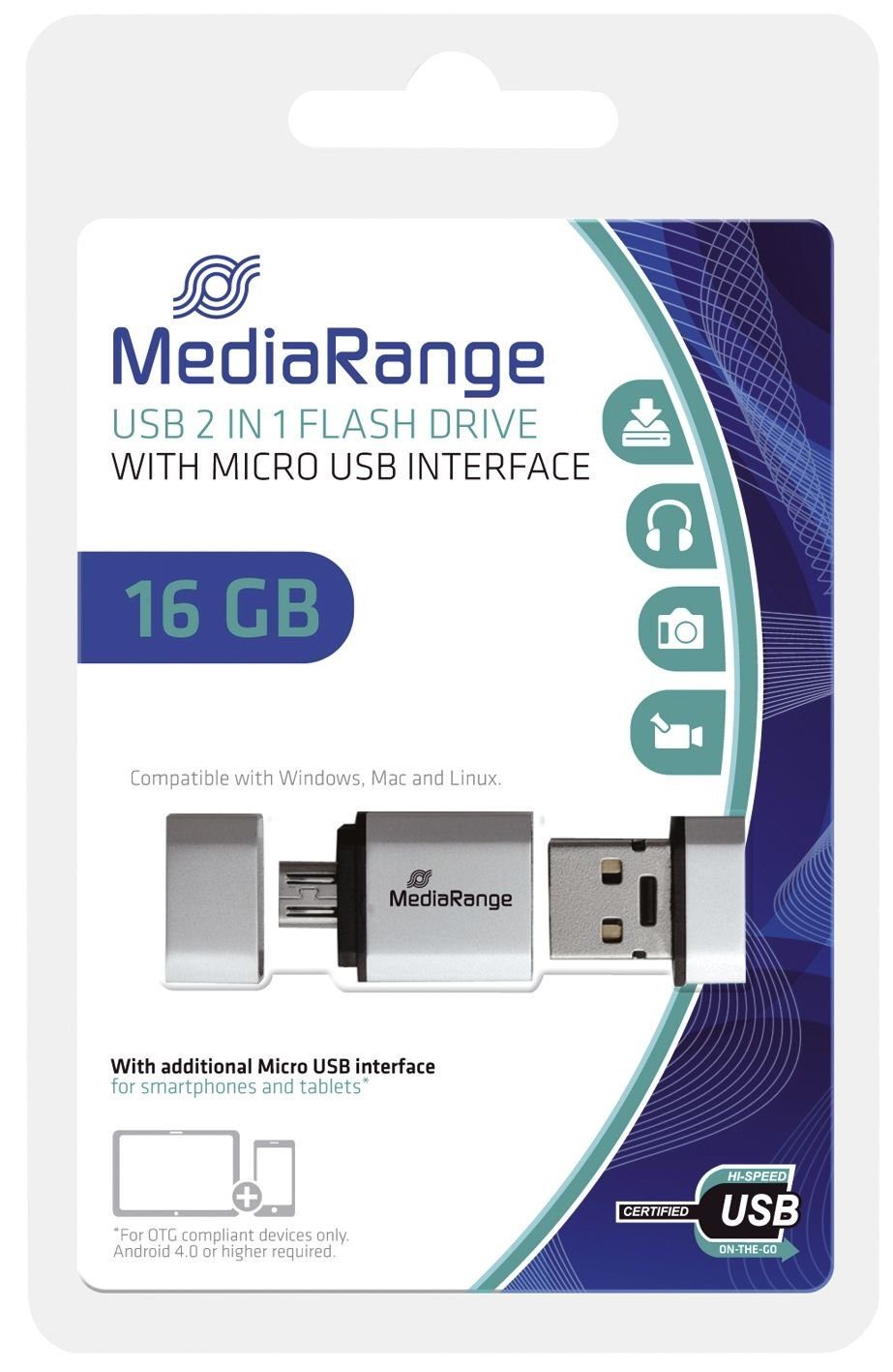 Mediarange Klemmen USB Mobile 2 in 1 OTG USB-Stick 16GB