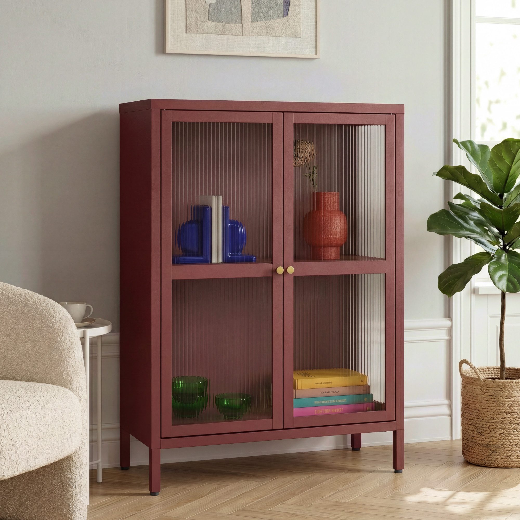 en.casa Sideboard, »Säkylä« Stahl mit 2 Glastüren geriffelt 84x64x35 cm Bordeaux