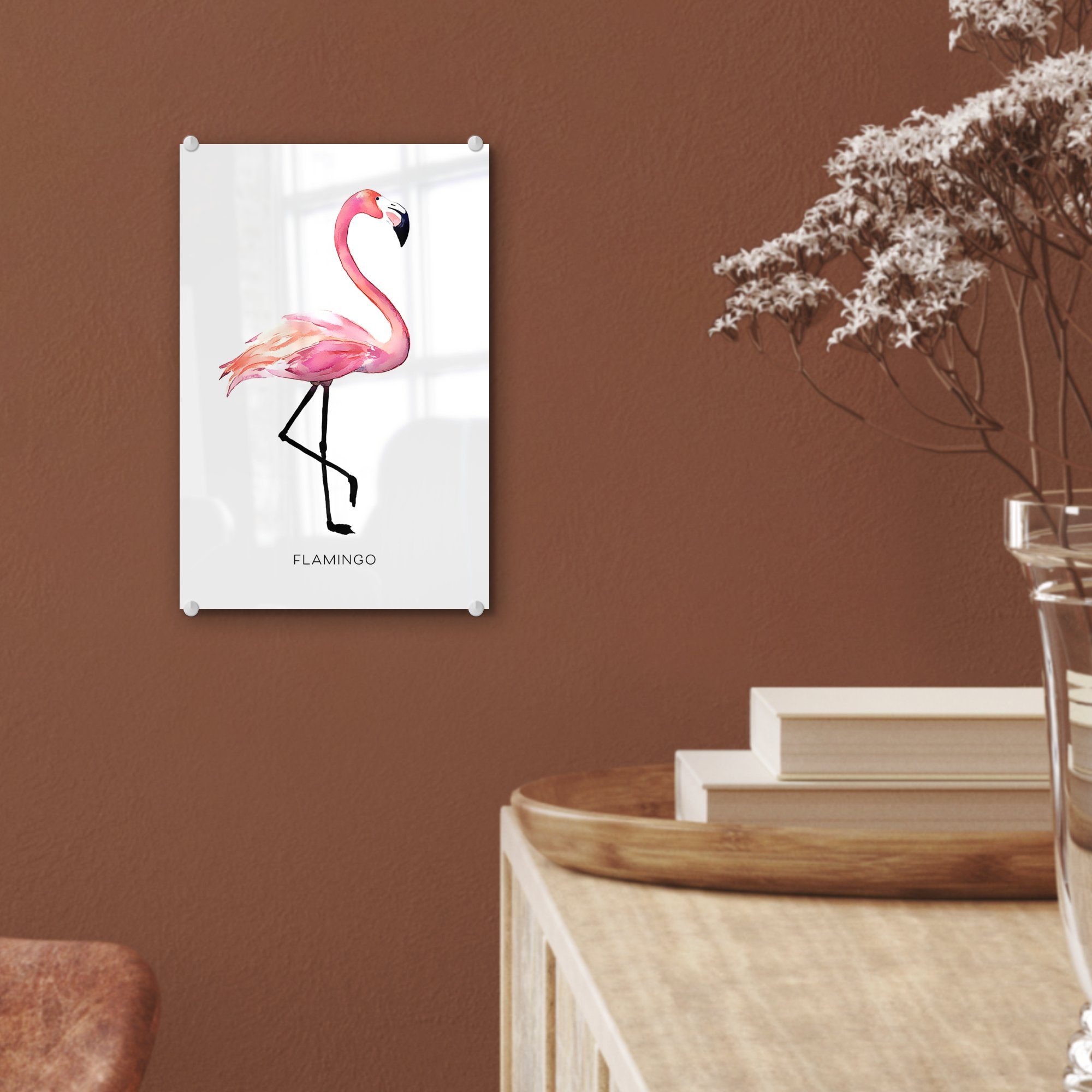 Flamingo Foto Glas Wanddekoration bunt Glasbilder - MuchoWow Glas auf - auf - Zeichnung Bilder Rosa, St), Acrylglasbild - - Wandbild (1
