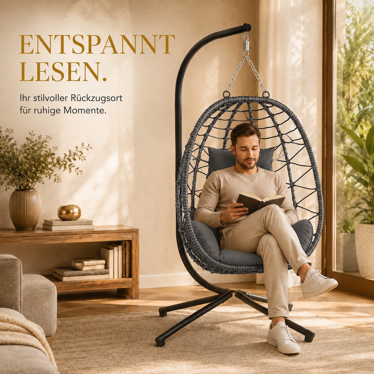 Makika Loungesessel Hängesessel mit Gestell Polyrattan Höhenverstellbar - 150 kg - Grau