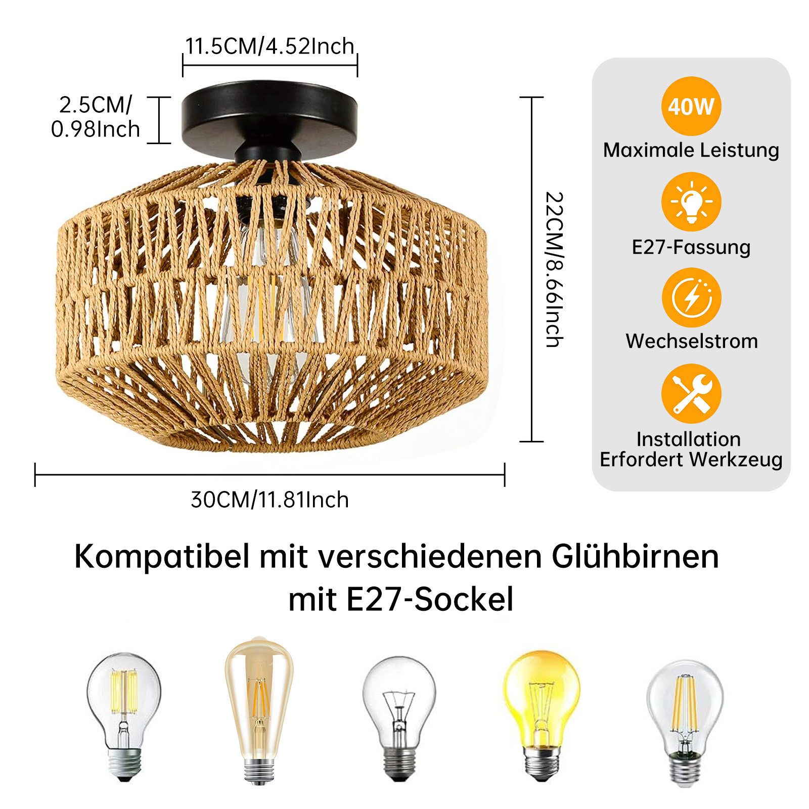 JDONG Deckenleuchte Boho Vintage mit Rattan Lampenschirm Ø30cm E27 Vintage Kronleuchter, ohne Leuchtmittel, Deckenleuchte,schlafzimmerlampe, mit Metallsockel, Rustikal Beleuchtung Dekoration für Wohnzimmer,Küche,Flur