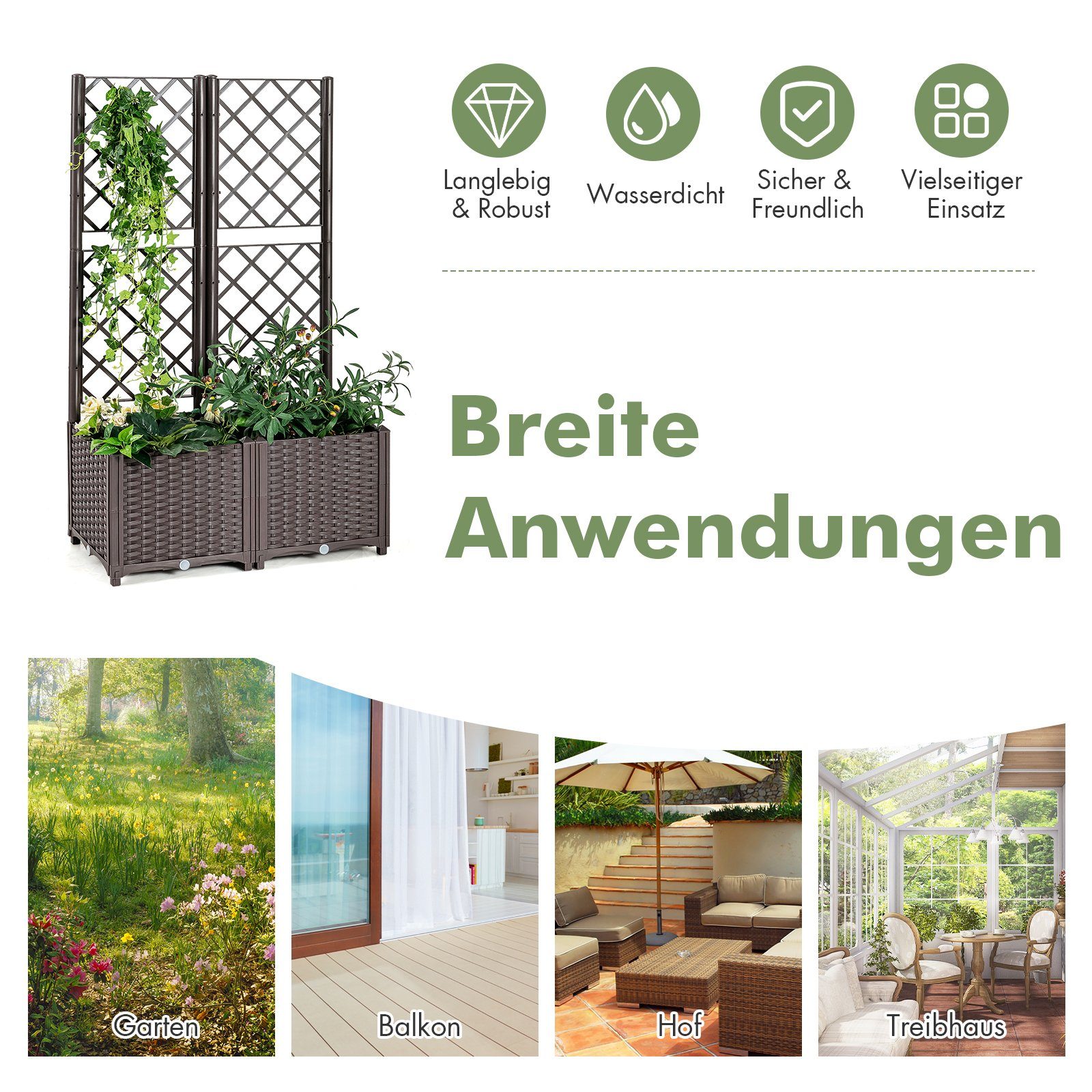 Rankgitter, Balkon COSTWAY Pflanzkasten für Garten, mit Blumenkasten, Hof,