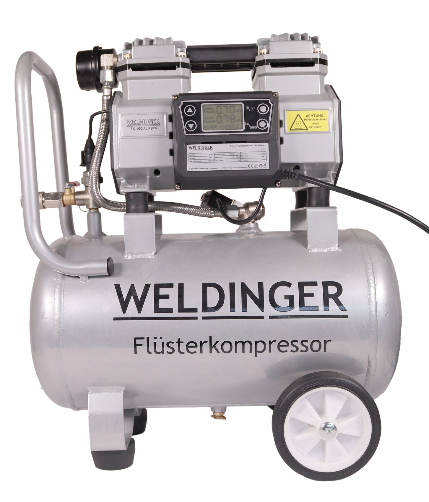 WELDINGER Kompressor FK100 Alu pro Flüsterkompressor 900W 3-9 bar 17l Aluminiumtank, 900 W, max. 9 bar, 17 l, Stück, 1-tlg., Digitalsteuerung, Aluminiumtank
