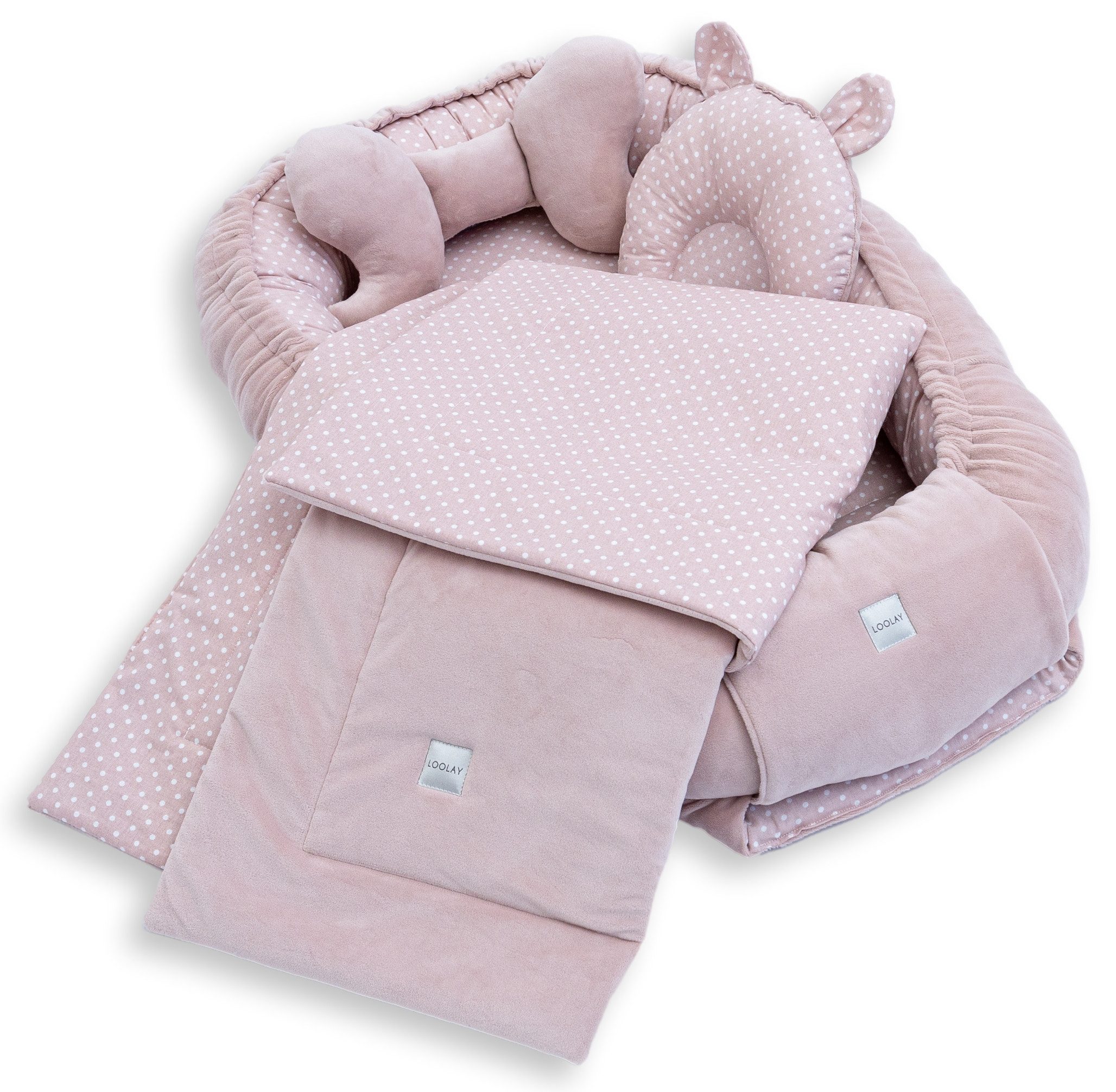 Loolay Kuschelnest BABYNEST 5 TLG. Set PREMIUM Babyausstattung Baumwolle & Samt Velours, (MUSTER: ROSA Samt Velour/ Mini PUNKTE Rosa, 5-tlg., Liebevoll handgefertigt Nestchen! Geborgenheit Komfort für Neugeborene), Premium Ausstattung - 100% Europäische Stoffe und Kleinserien-Nähen!