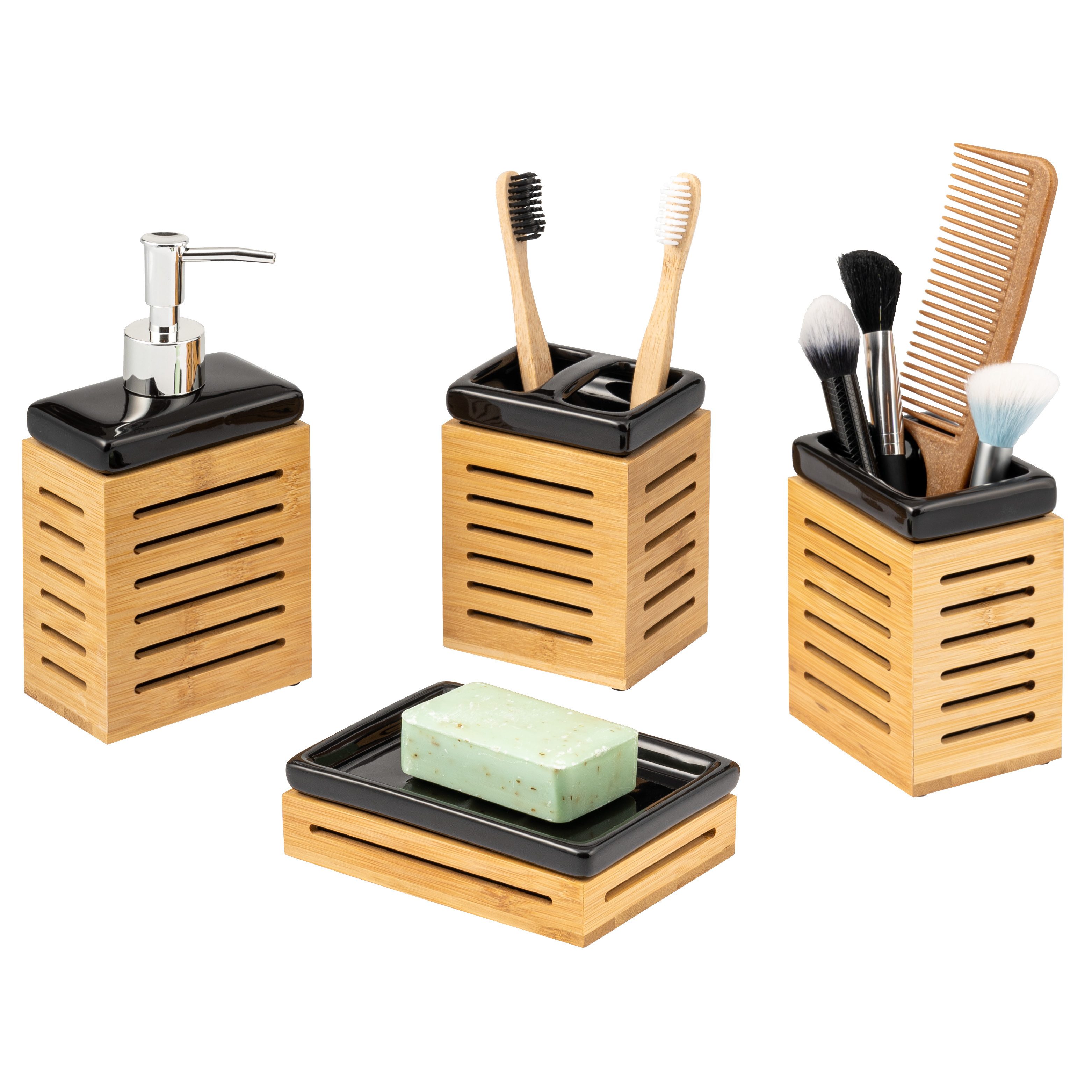 bremermann Badaccessoire-Set Badezimmer-Set 4-tlg., Bambus, Keramik, schwarz, Badezimmer-Zubehör