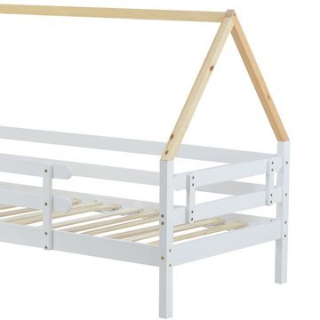 WISHDOR Kinderbett Ausziehbett Einzelbett Massivholz Baumhausbett (weißes Bett, naturfarbener Dachstuhl (90x200cm), mit Rollen unten