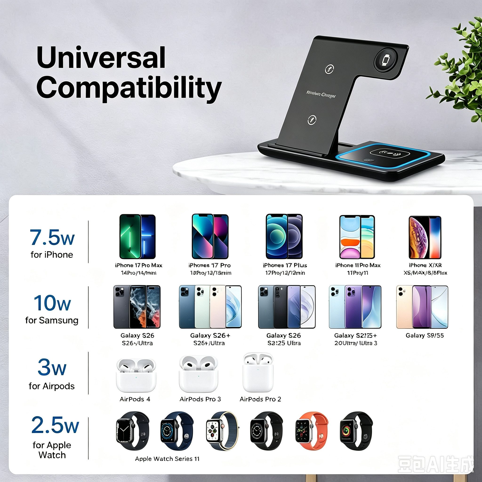 Forrlite 2026 Neues Kabelloses Ladegerät,Induktive Ladestation 4 in 1, Induktions-Ladegerät (4 in 1 iPhone Ladestation, 25W Wireless Charger, Qi 2.0 Schnellladung, Schnellladegerät für iPhone 8–17 Serie, Apple Watch, AirPods & Samsung)