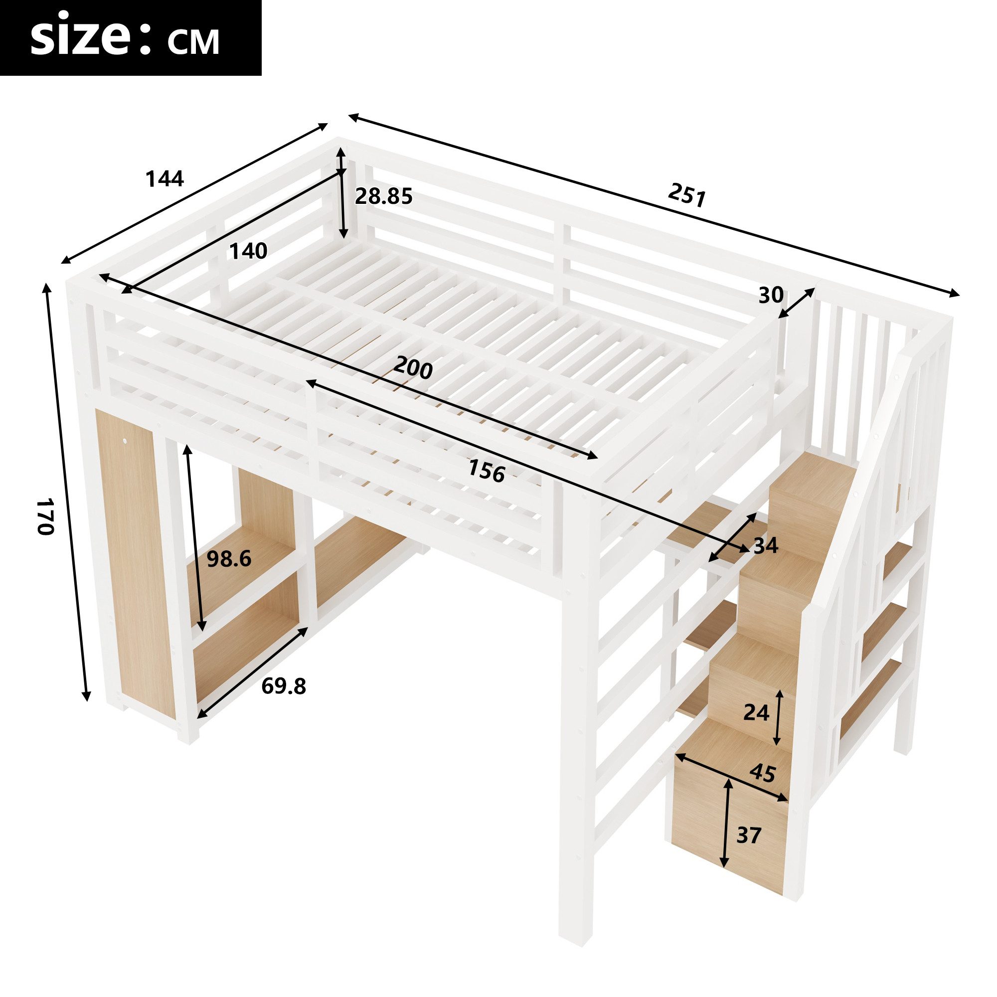 Merax Hochbett mit LED-Beleuchtung & USB-Anschluss (Kinderbett Jugendbett, 1-St) Metallbett 140x200cm mit Schreibtisch Kleiderschrank Treppe Stauraum – Bild 4 von 5