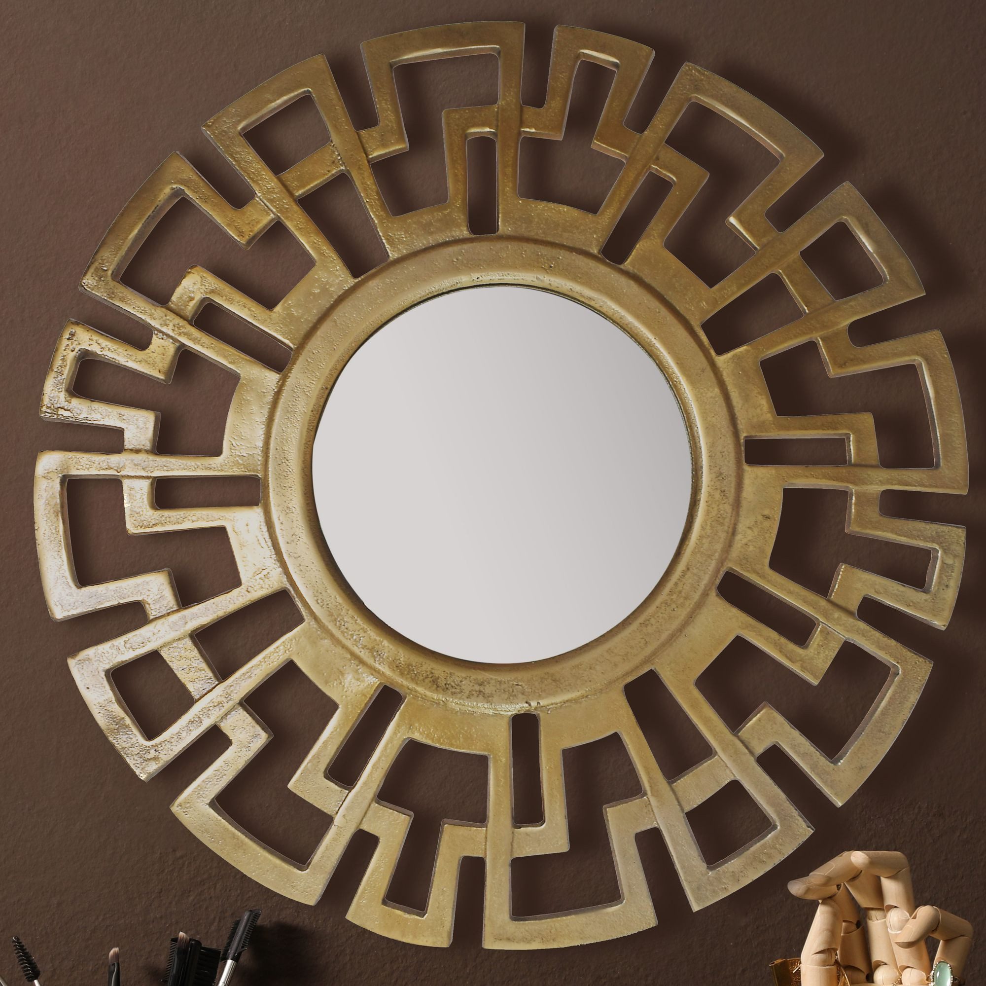 FINEBUY Spiegel Wandspiegel Flurspiegel Rund Metall 60 cm Spiegel Flur Hängespiegel (Dekospiegel Wand Art déco Rund, Gold Metall 60 cm), Flurspiegel Garderobenspiegel, Hängespiegel Modern