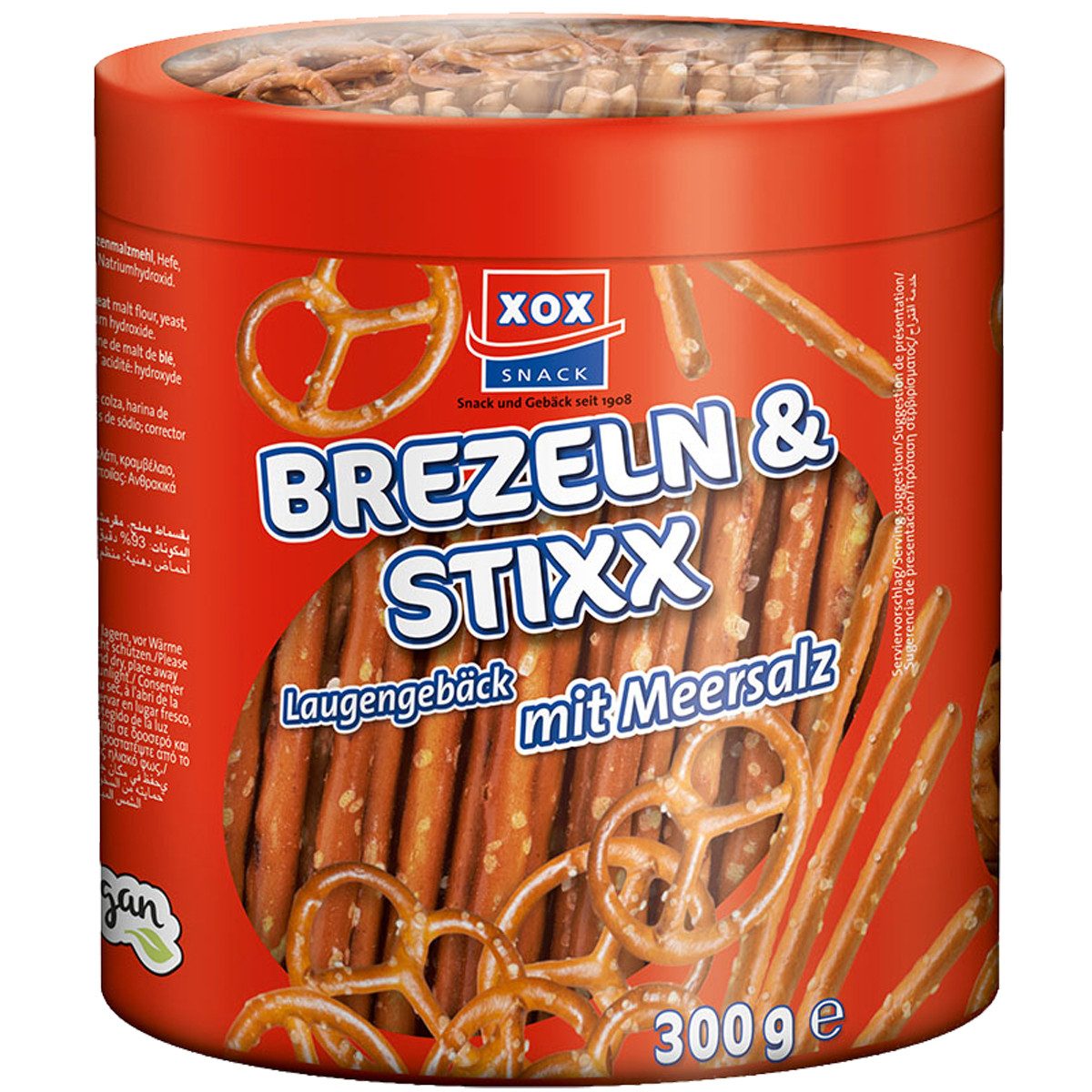 XOX Knabberei, XOX Salzstangen Brezeldose knuspriges Laugengebaeck zum Teilen 300g