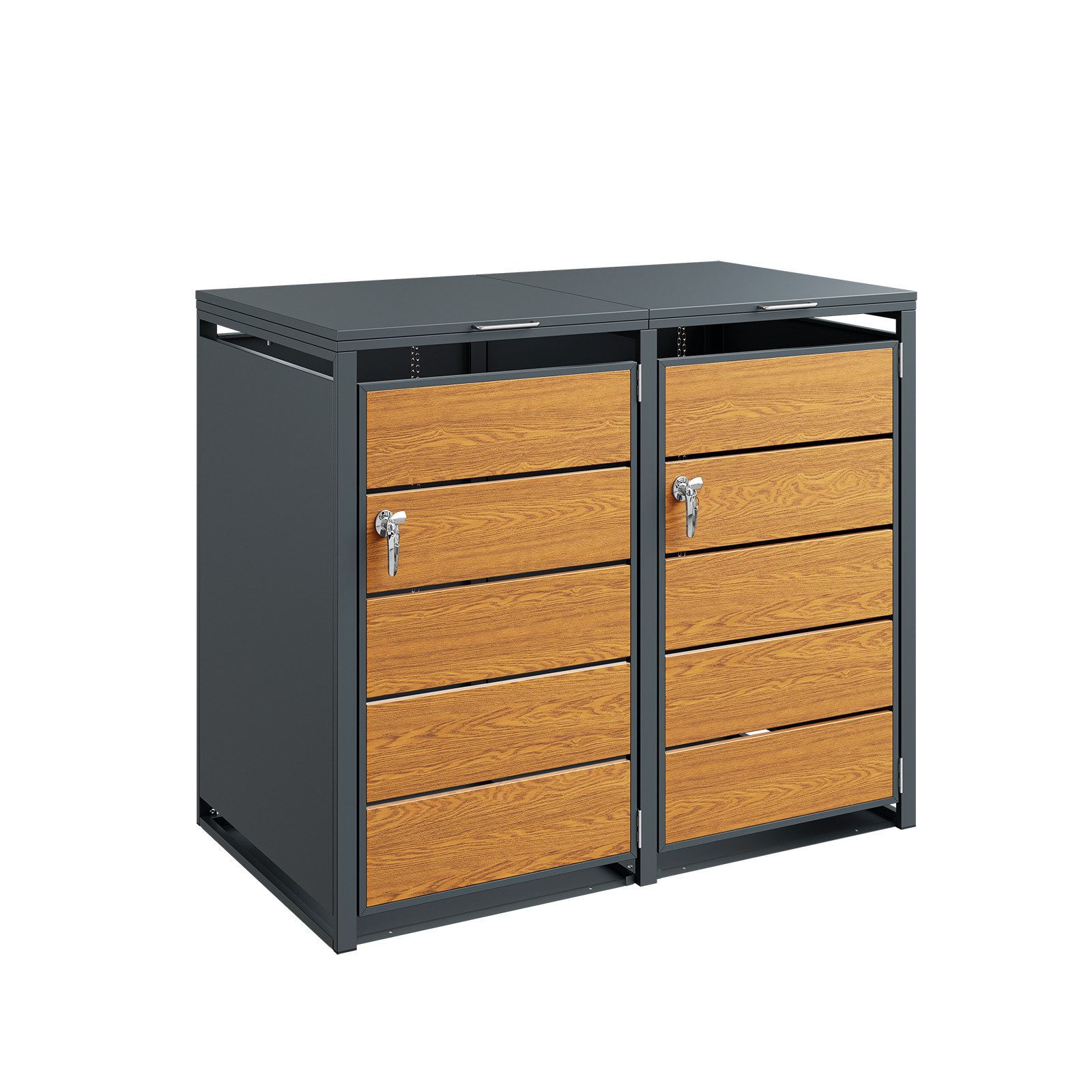 SoBuy Mülltonnenbox OGS64, 2er Set mit Gasdruckfeder, abschließbar (2er Set), Mülltonnenverkleidung aus Metall und Holzoptik, fahrbar mit Rollen