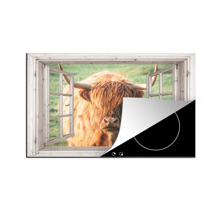 MuchoWow Herdblende-/Abdeckplatte Schottischer Highlander - Ansicht - Fenster - Tier Vinyl (1 tlg) induktionskochfeld Schutz für die küche Ceranfeldabdeckung