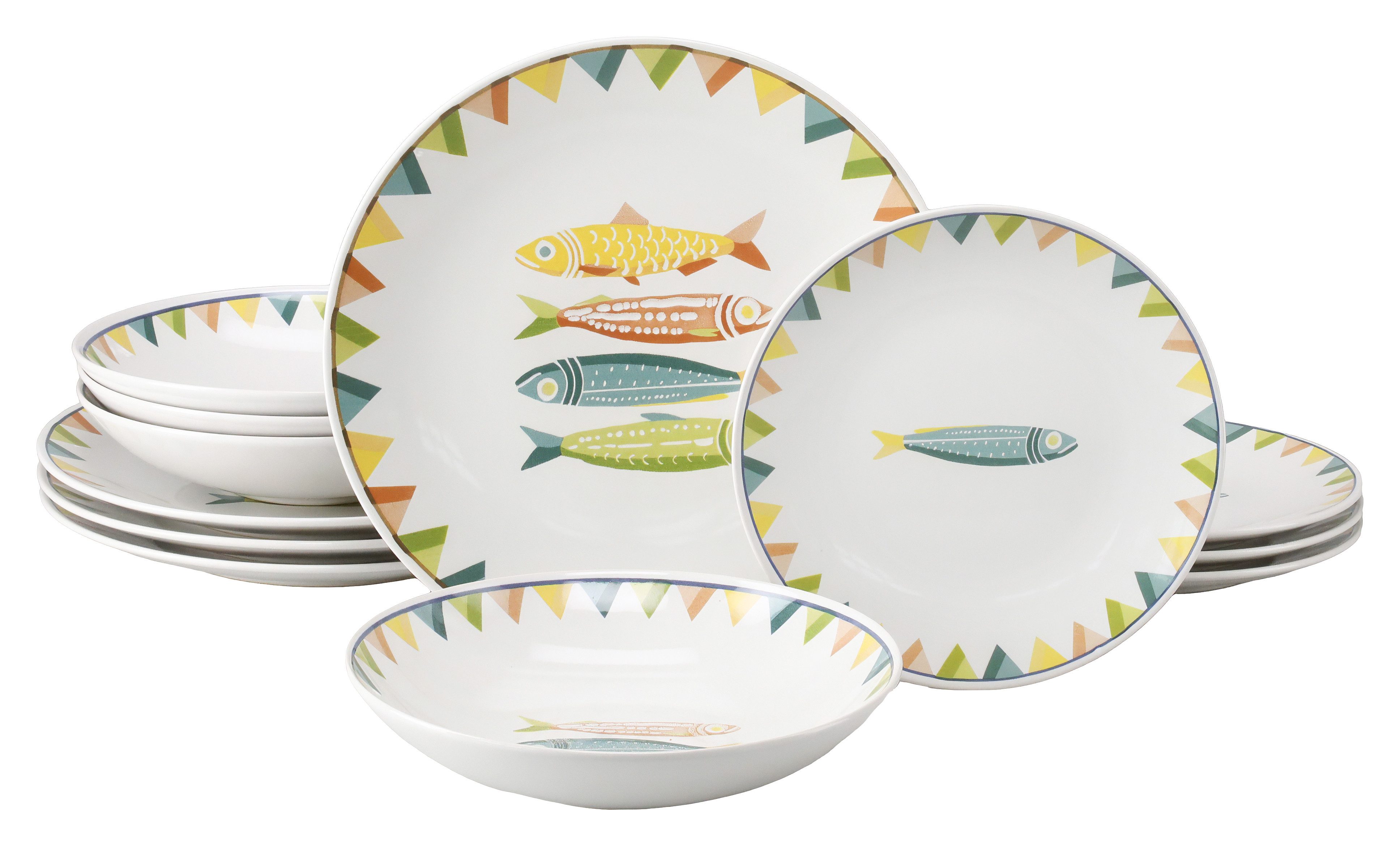 CreaTable Teller-Set Sardinhas, Geschirr-Set, 12-tlg. (12-tlg), 4 Personen, Steinzeug, Hochwertiges Steinzeug, Zentrales Sardinen-Motiv