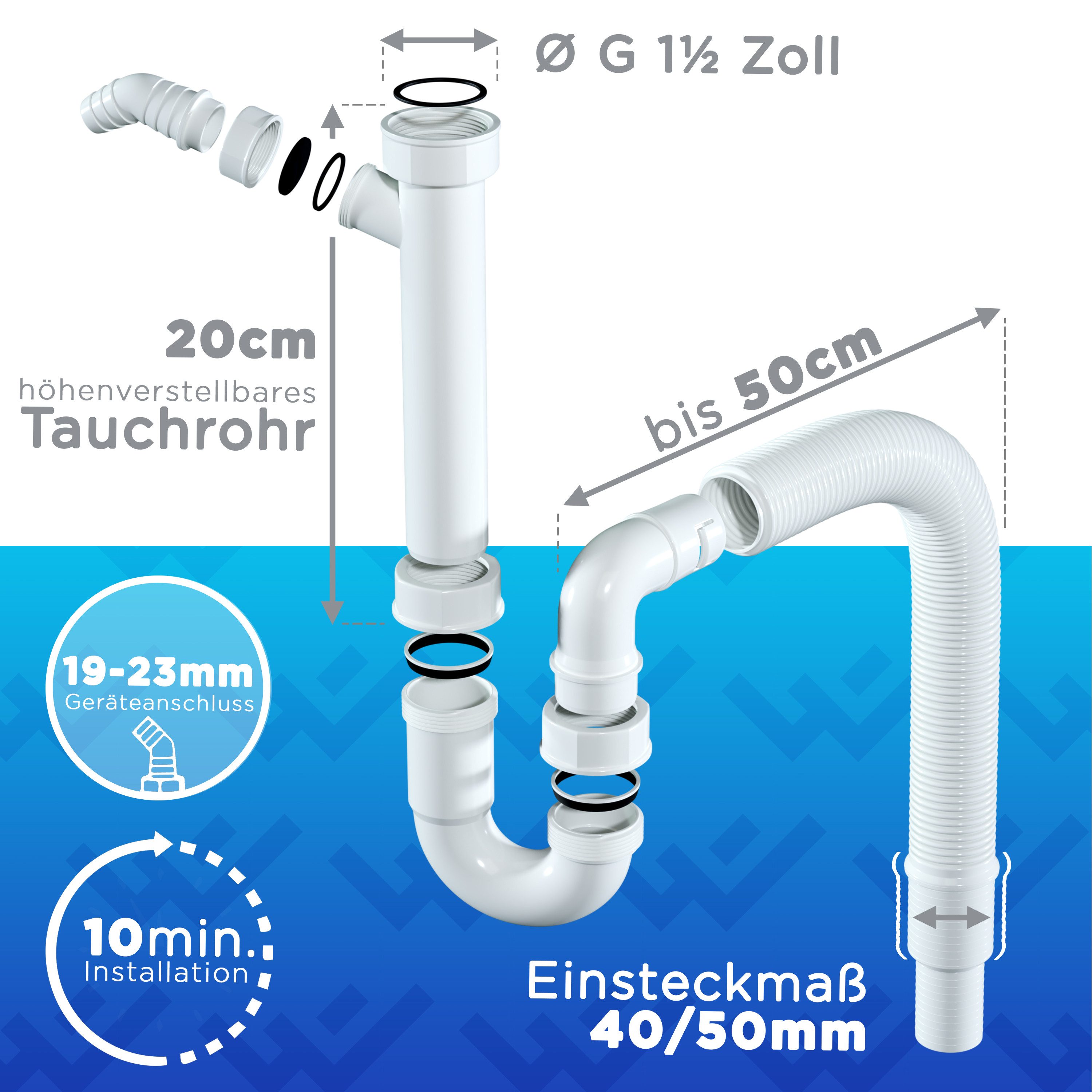 Lobenswerk Siphon Röhrensiphon für Küchenspüle, mit flexiblem Ablaufschlauch, 100% Wasserdicht