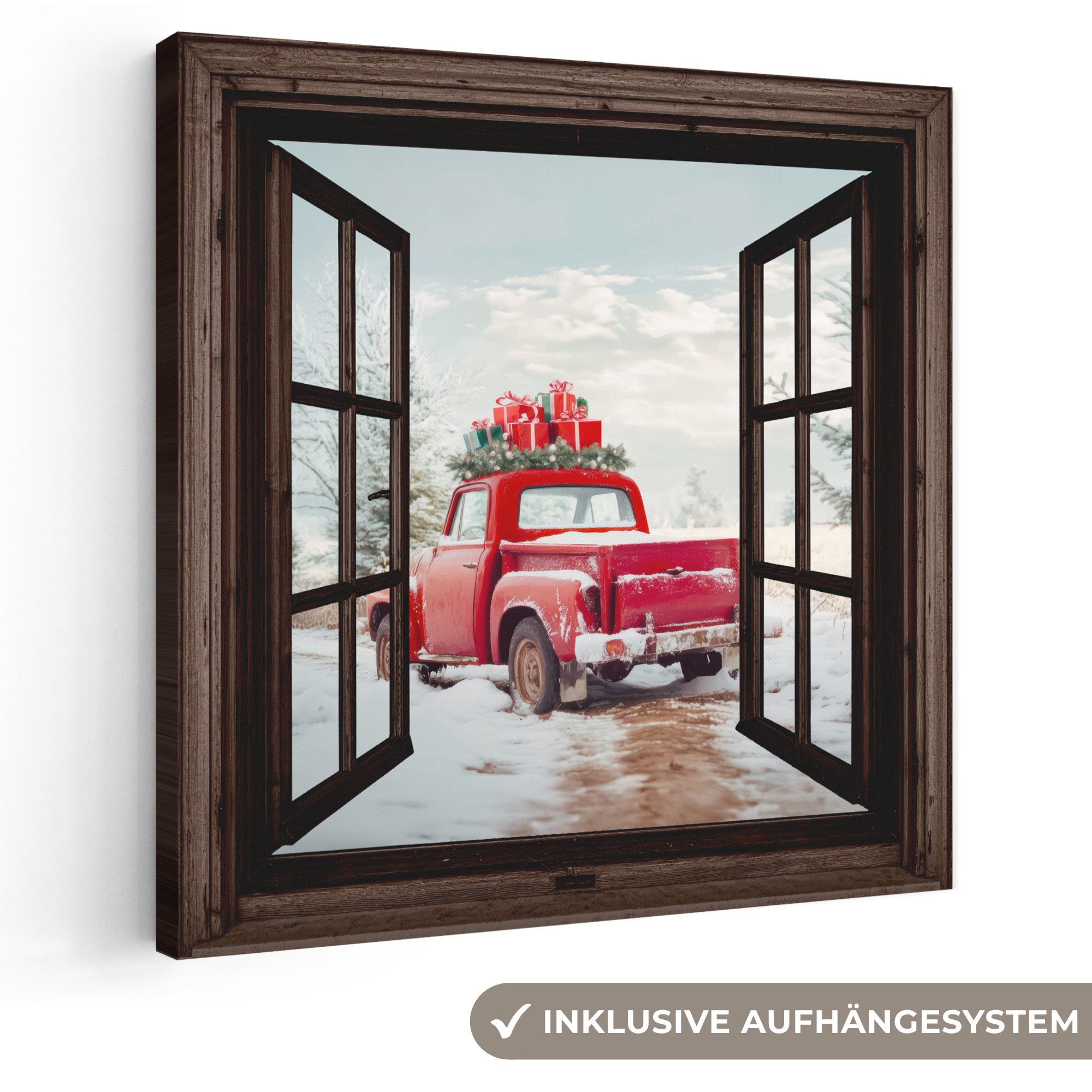 OneMillionCanvasses® Leinwandbild Fensterblick - Auto - Rot - Winterlandschaft - Weihnachten, Fotodruck (1 St), Wandbild, Deko Schlafzimmer Wohnzimmer Flur 20x20 cm
