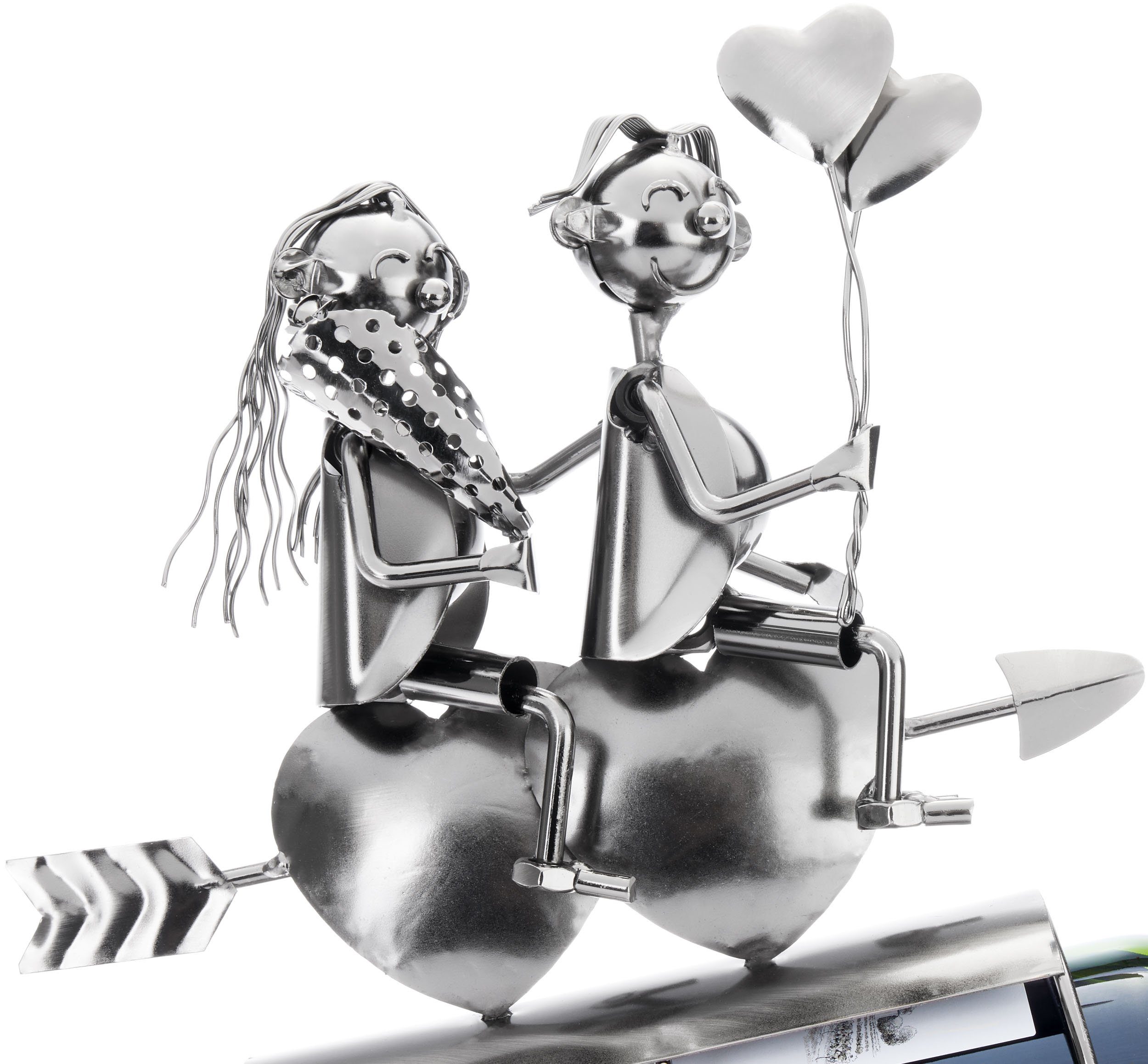 BRUBAKER Weinflaschenhalter Liebespaar auf Herz Pfeil - Metall Flaschenhalter Paar mit Ballons, (Wein Geschenk zum Valentinstag, 1-St), 34 cm Dekoration Flaschenständer mit Grußkarte