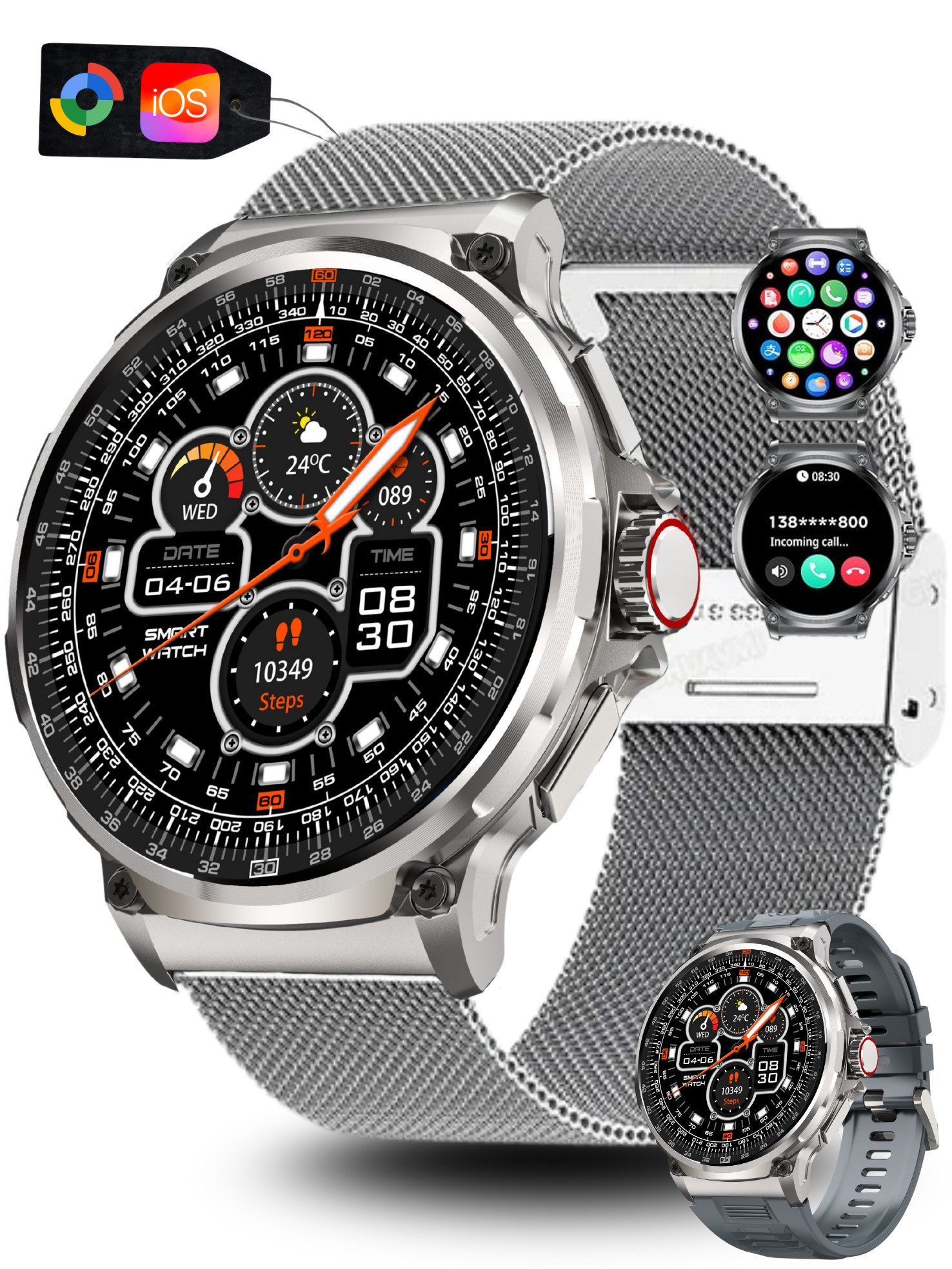 S&T Design Smartwatch Fitness Tracker Uhr für Herren mit Telefonfunktion Groß Smartwatch (iOS + Android) Geschenkbox, (Android und iOS), 1,85" AMOLED-Display Whatsapp Herzfrequenz-/Schlafüberwachung