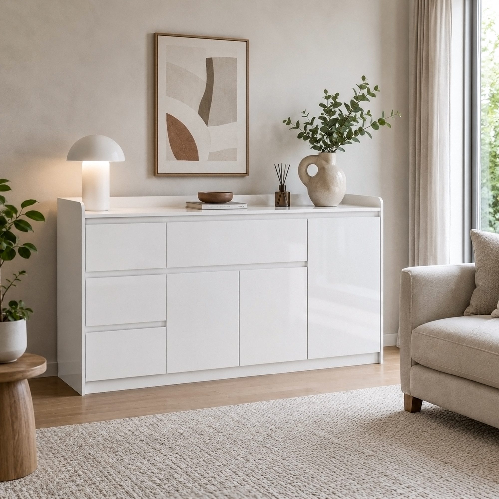 FUFU&GAGA Kommode Weiß PET Hochglanz Serie, 80-180 cm breit, Kommode Modern