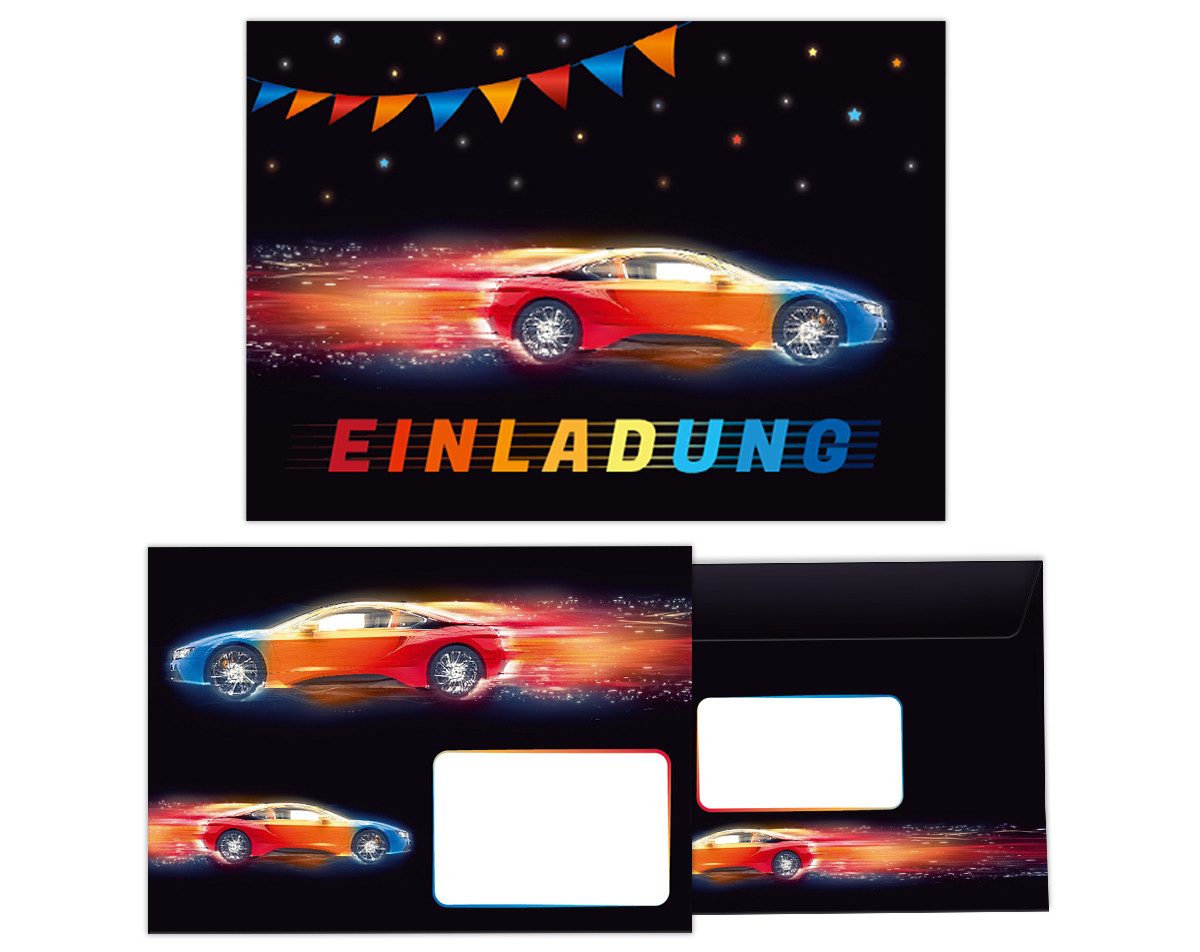 JUNAPACK Einladungskarten Auto zum Kindergeburtstag Jungen Einladungen Rennauto Umschläge Karten, Einladungskarten mit Umschlägen zum Geburtstag Auto