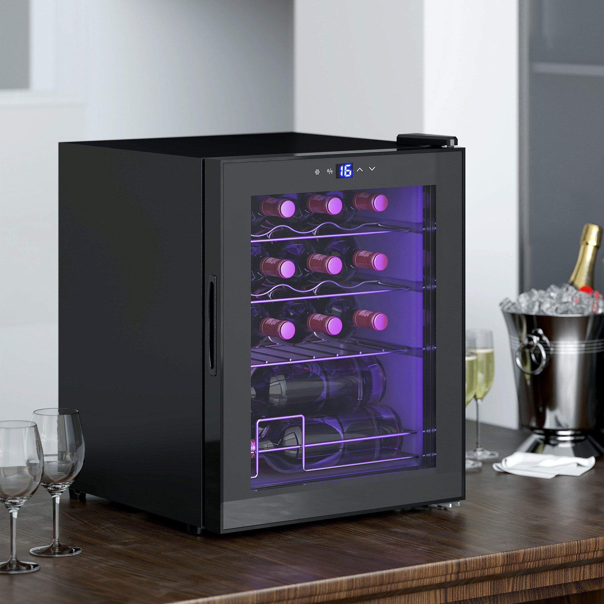 HOMCOM Weinkühlschrank Kompressor 20 Flaschen 5-18°C, Touchscreen, LED-Beleuchtung, für 16 Standardflaschen á 0,75l,mit Innenbeleuchtung, Schwarz