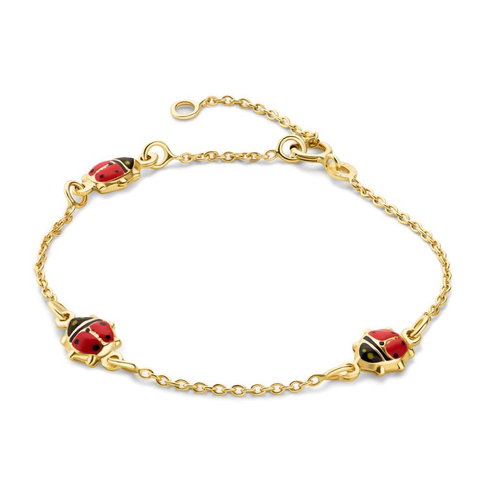 Miore Goldarmband für Kinder 9K Gelbgold mit Marienkäfern - Länge 12cm + 2cm Extension, Käfer ca. 6 x 5,5 mm - Made in Italy
