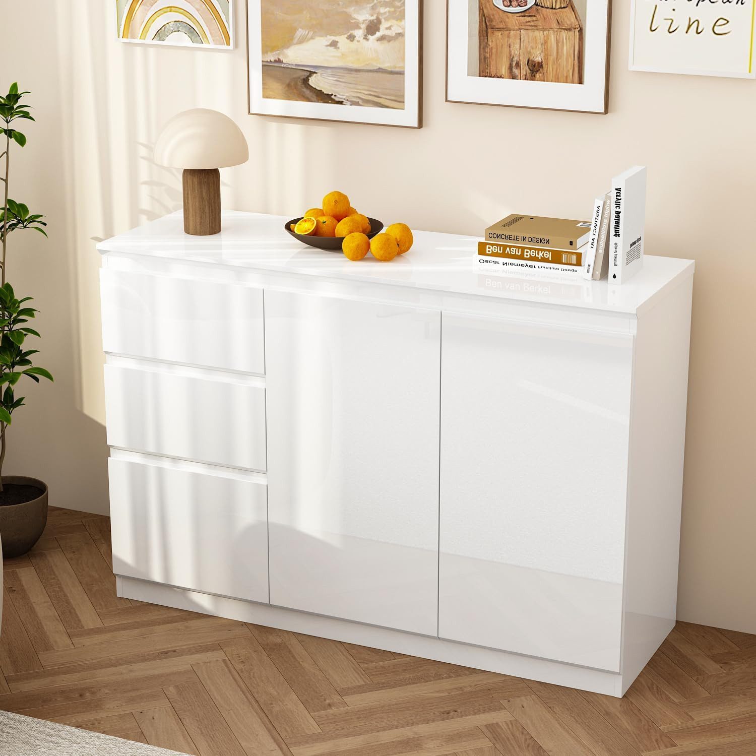FUFU&GAGA Sideboard Weiß PET Hochglanz LED Kommode grifflos 120 / 155 cm