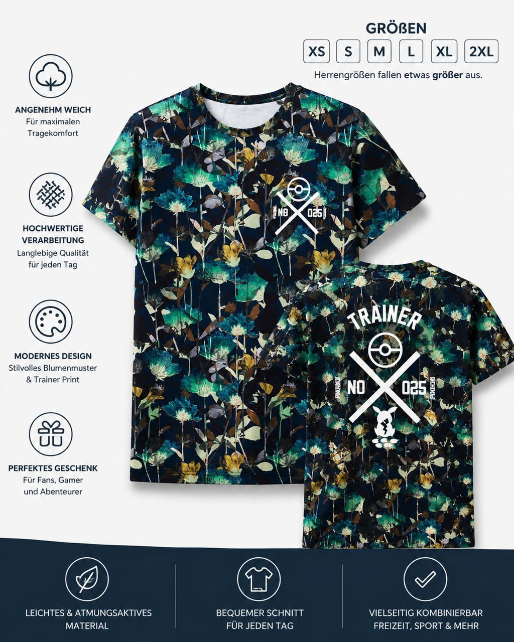POKÉMON Print-Shirt Pokémon Trainer T-Shirt Herren Blumen Print Pikachu Fan XS–2XL Pokemon-T-Shirt-Pikatchu