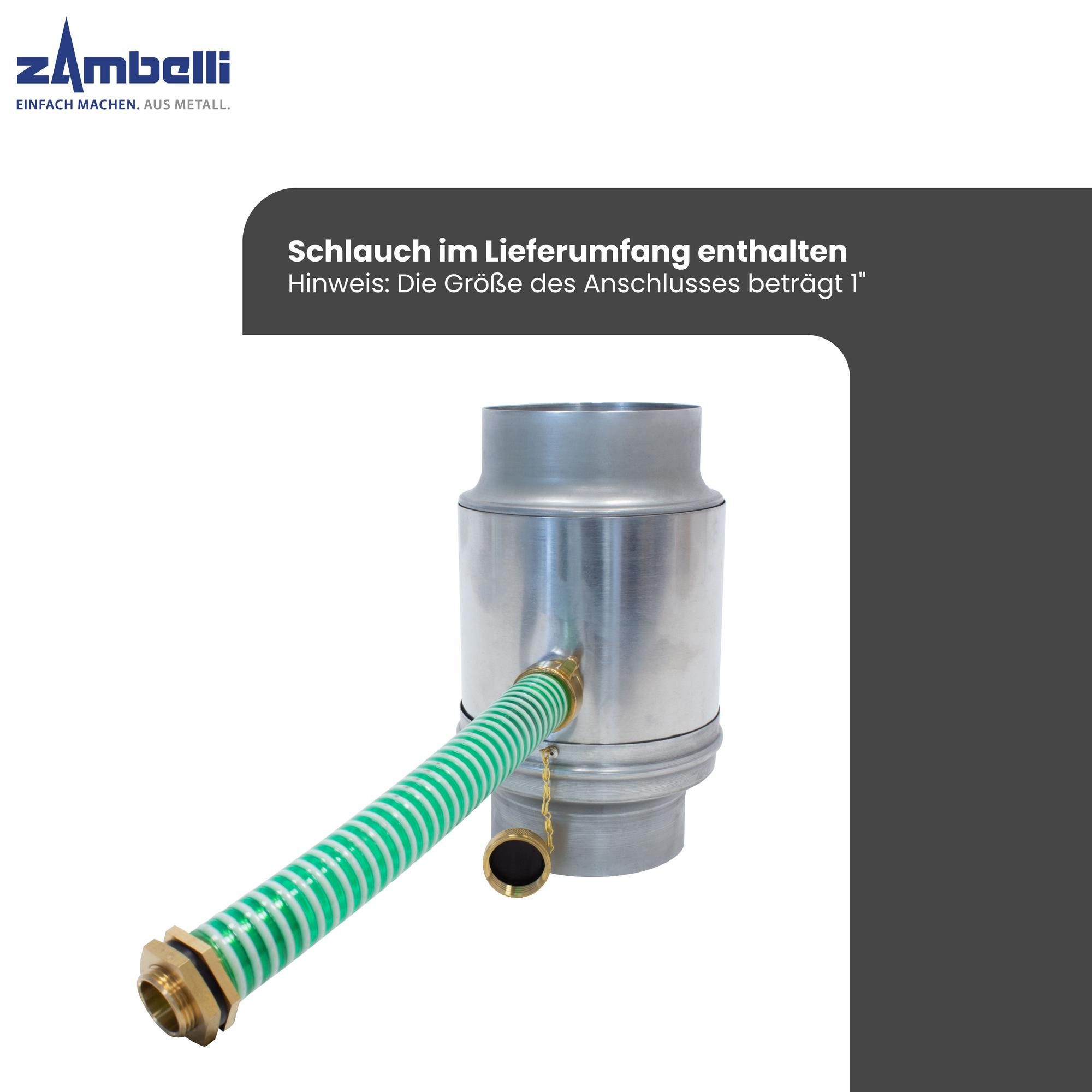 Zambelli Regenfallrohr, (Regenwassersammler 80mm Silber aus korrosionsbeständigem Titanzink), Wassersammler inkl. Schlauchanschluss für Regentonne