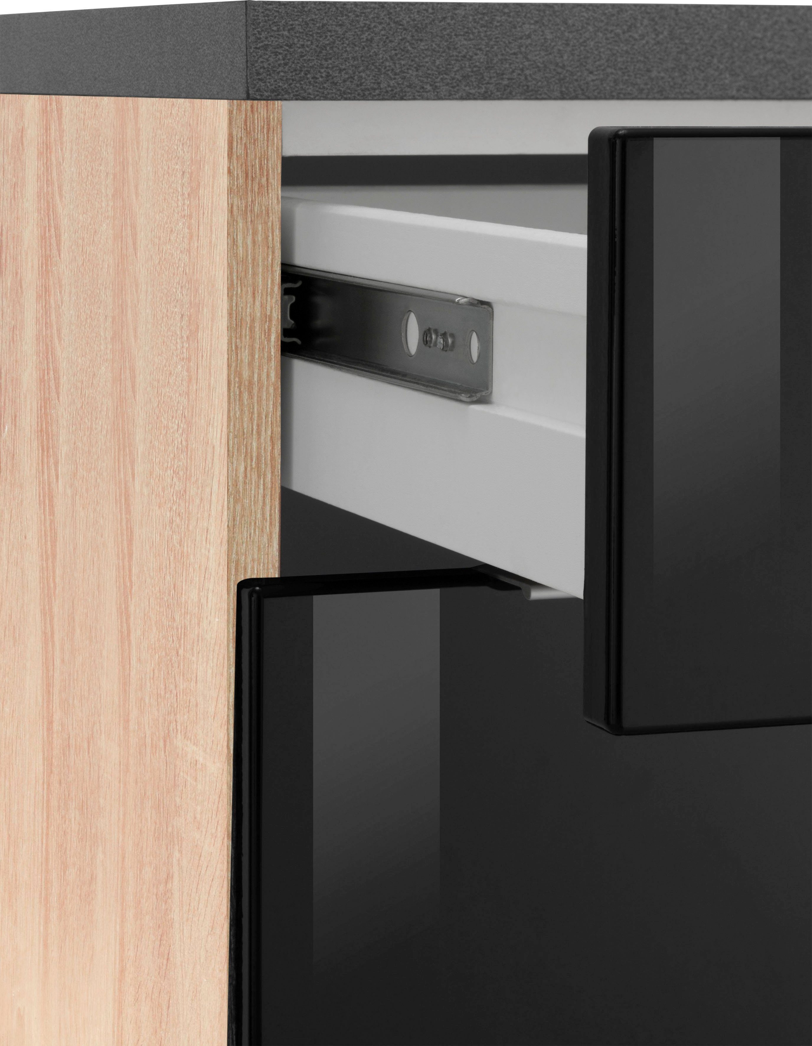 HELD MÖBEL Küchenzeile Brindisi, Hochglanz/eichefarben schwarz Breite cm mit 210 | eichefarben E-Geräten